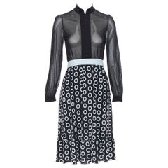 LOUIS VUITTON 100% silk black baby blue spot print belted cocktail dress FR34 S