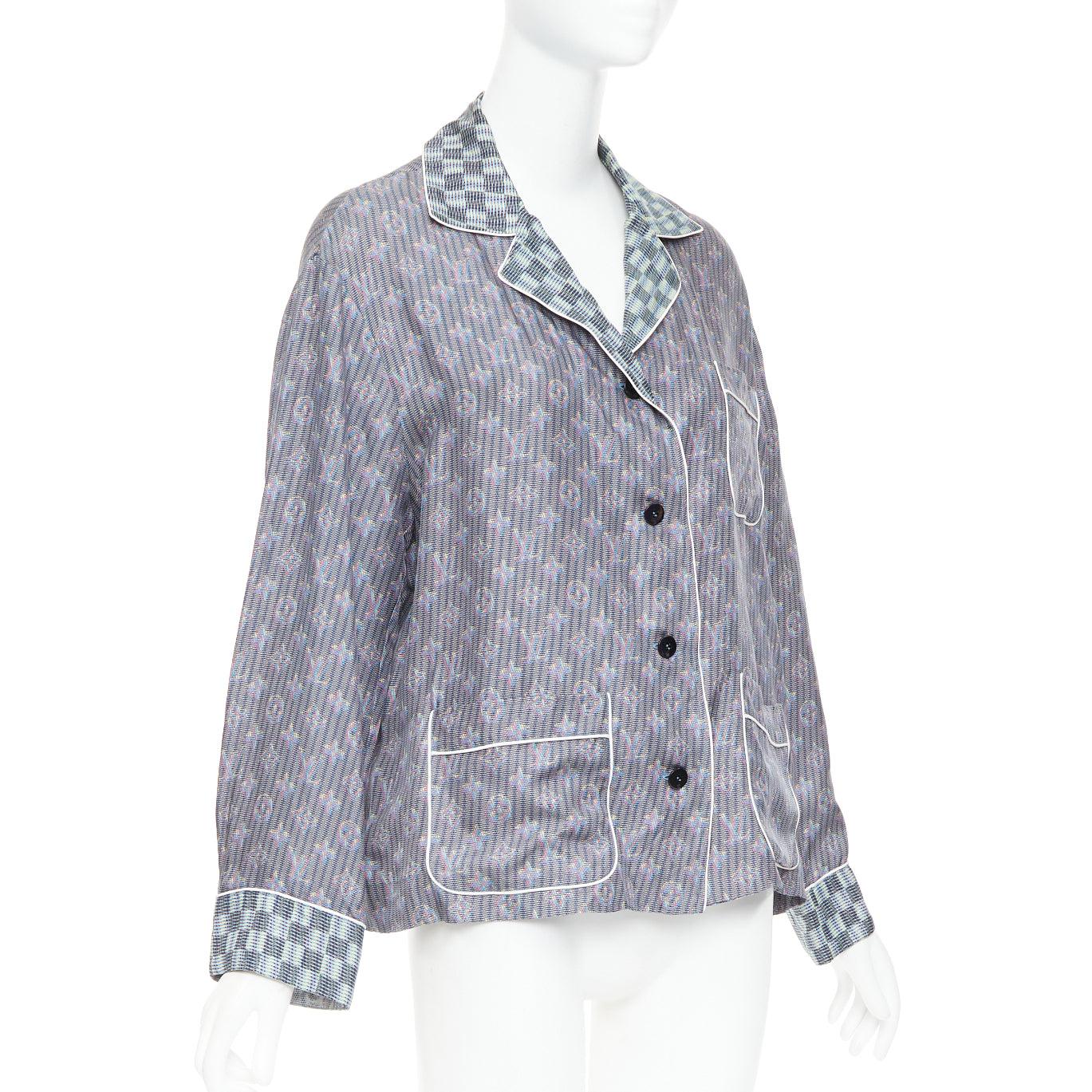 LOUIS VUITTON 100% silk green Damier Check Jacquard monogram pajama shirt FR36 S Gris en venta