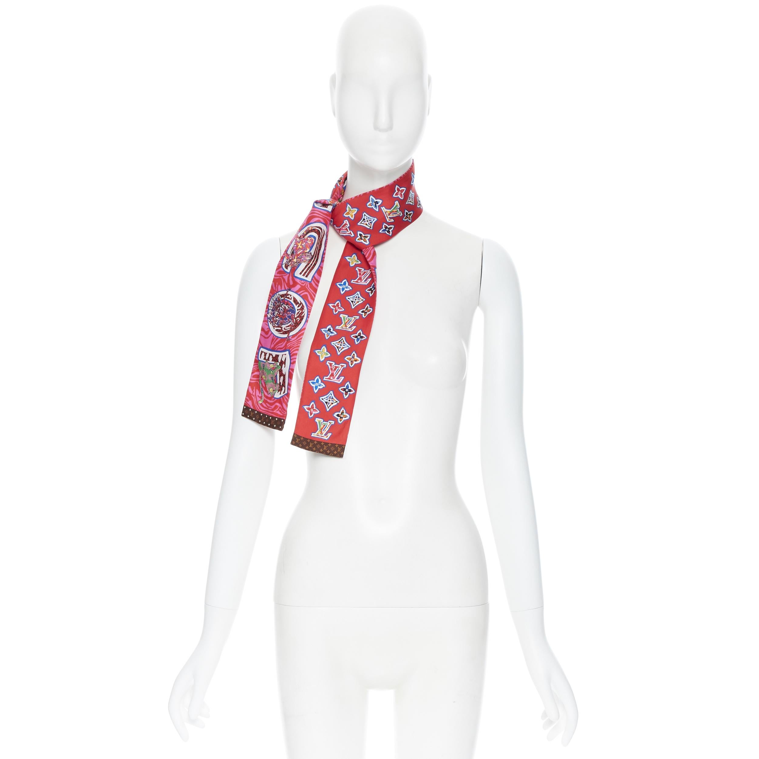 LOUIS VUITTON 100% silk red monogram animal print studded twilly neck scarf 
Brand: Louis Vuitton
Model Name / Style: Twilly scarf
Material: Silk
Color: Red
Pattern: Floral
Extra Detail: Twilly scarf. Studded ends.
Made in: Italy

CONDITION: