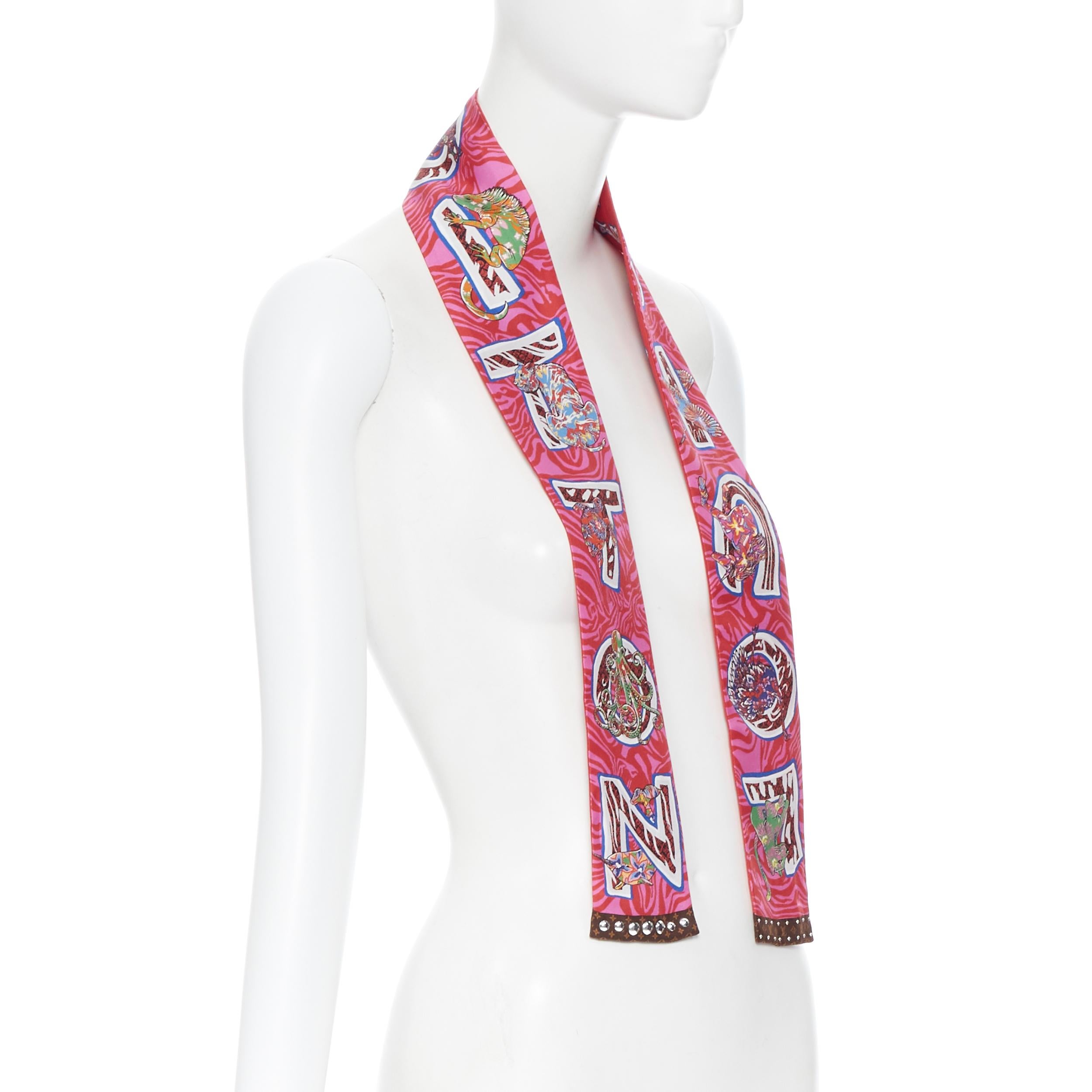 LOUIS VUITTON 100% silk red monogram animal print studded twilly neck scarf In Excellent Condition In Hong Kong, NT