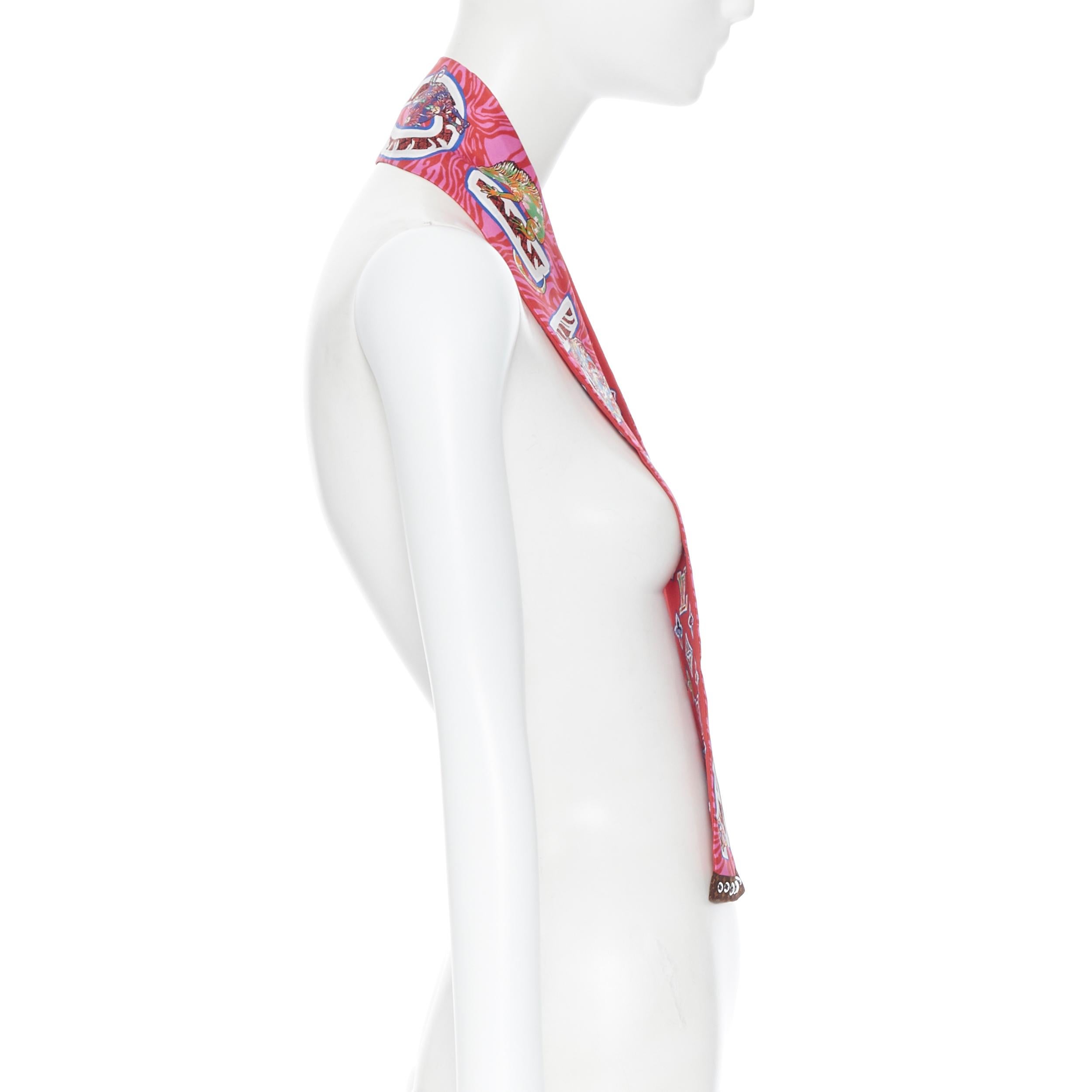 Women's LOUIS VUITTON 100% silk red monogram animal print studded twilly neck scarf