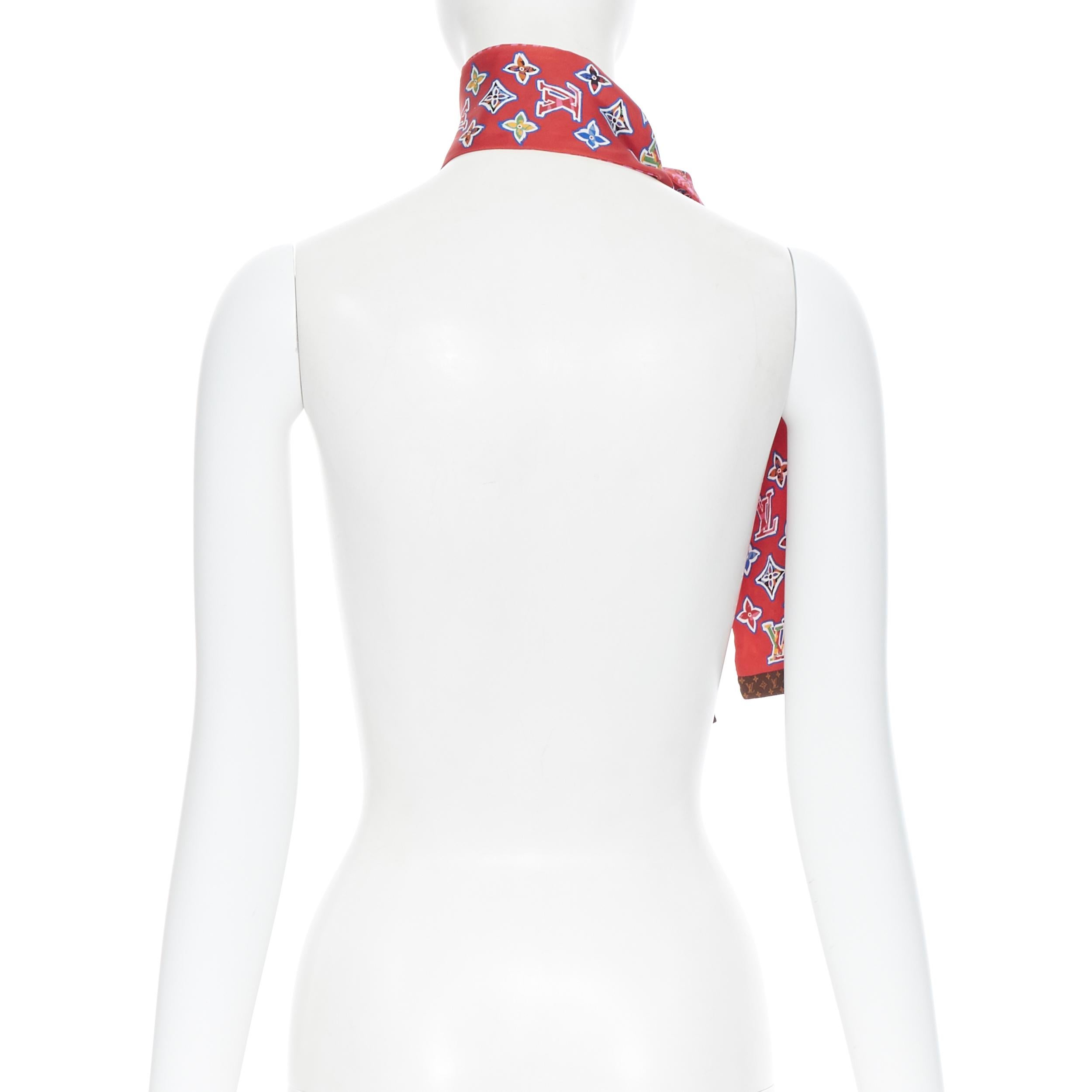 LOUIS VUITTON 100% silk red monogram animal print studded twilly neck scarf 2
