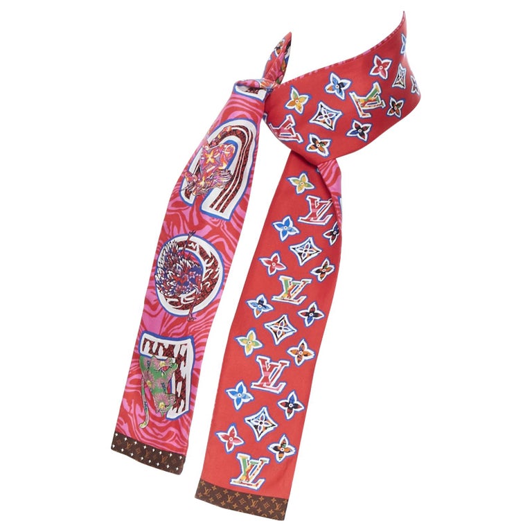 LOUIS VUITTON 100% silk red monogram animal print studded twilly neck scarf  at 1stDibs
