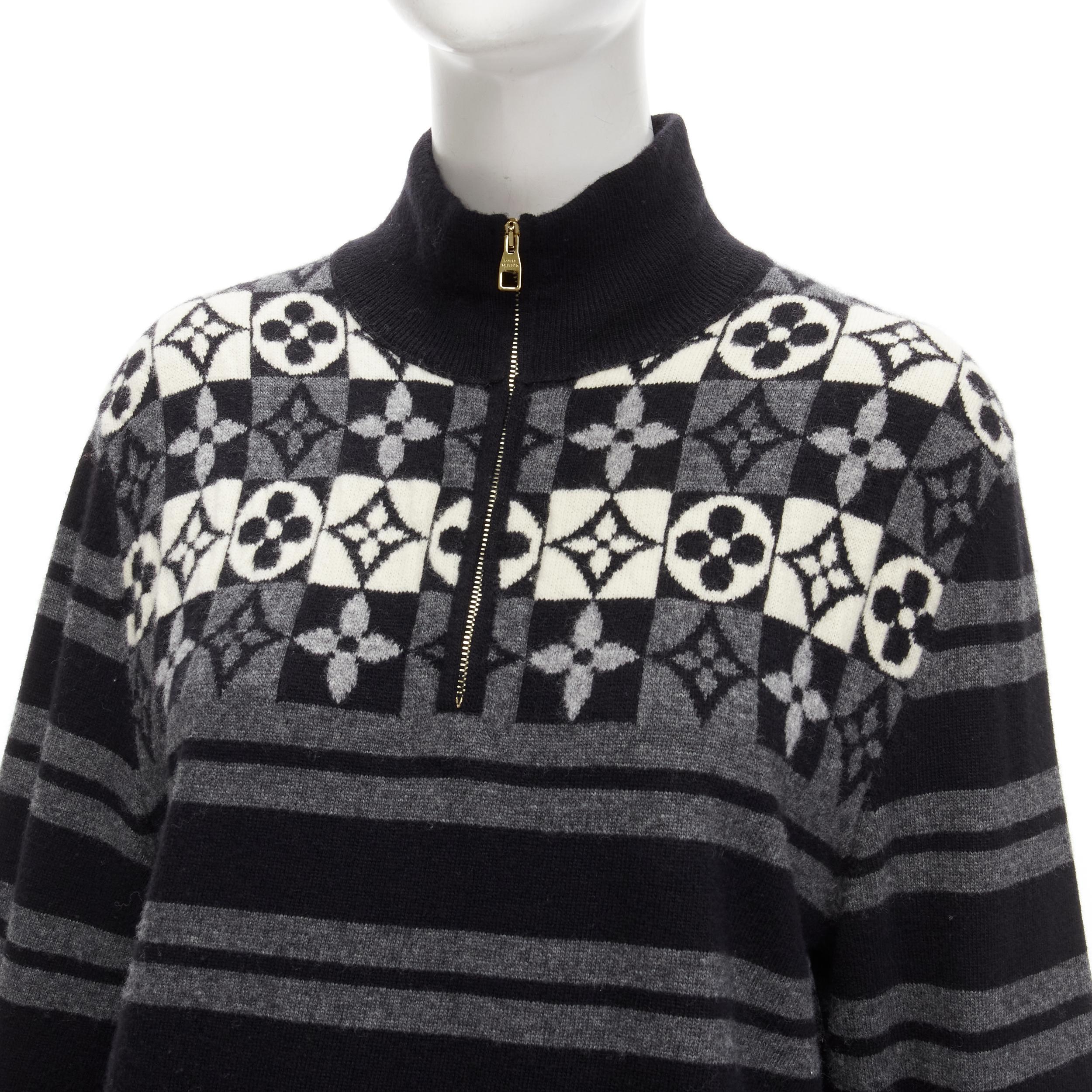 LOUIS VUITTON 100% wool LV floral motive stripe turtle neck knit sweater M
Reference: TGAS/C01689
Brand: Louis Vuitton
Material: Wool
Color: Black, Multicolour
Pattern: Striped
Closure: Zip
Extra Details: LV logo zip detail at neck.
Made in: