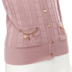 LOUIS VUITTON 100% wool pink cable knit gold floral charm chain trim cardigan XS