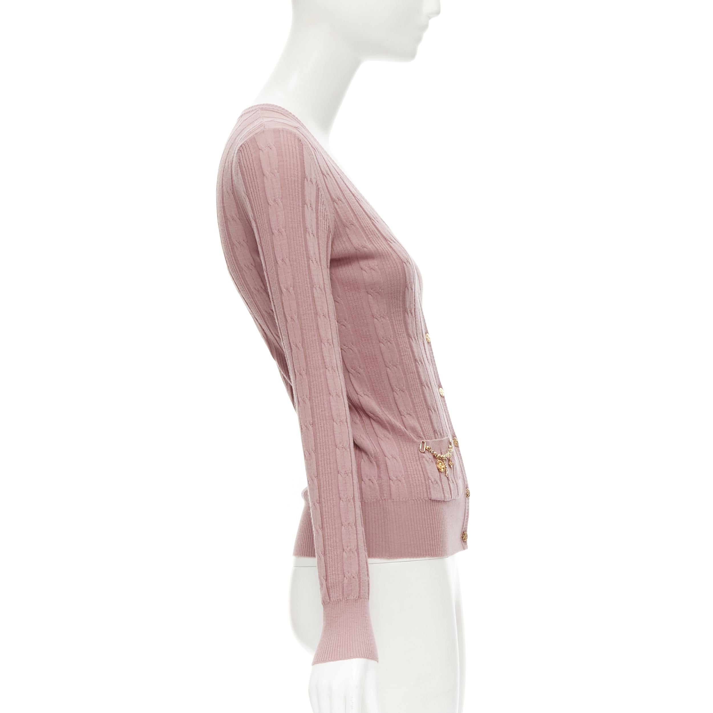LOUIS VUITTON 100% wool pink cable knit gold floral charm chain trim cardigan XS In Excellent Condition In Hong Kong, NT