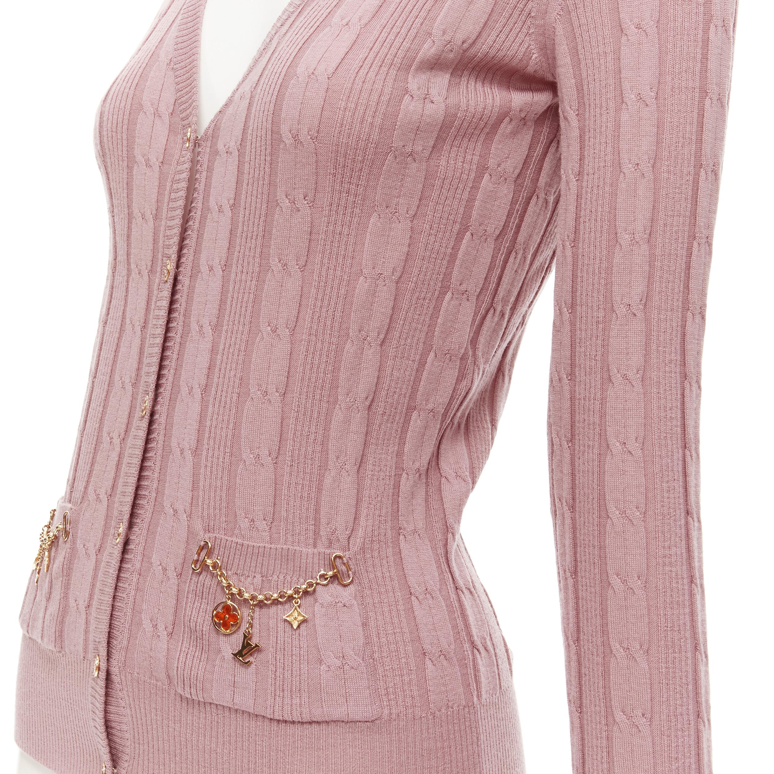 LOUIS VUITTON 100% wool pink cable knit gold floral charm chain trim cardigan XS 2