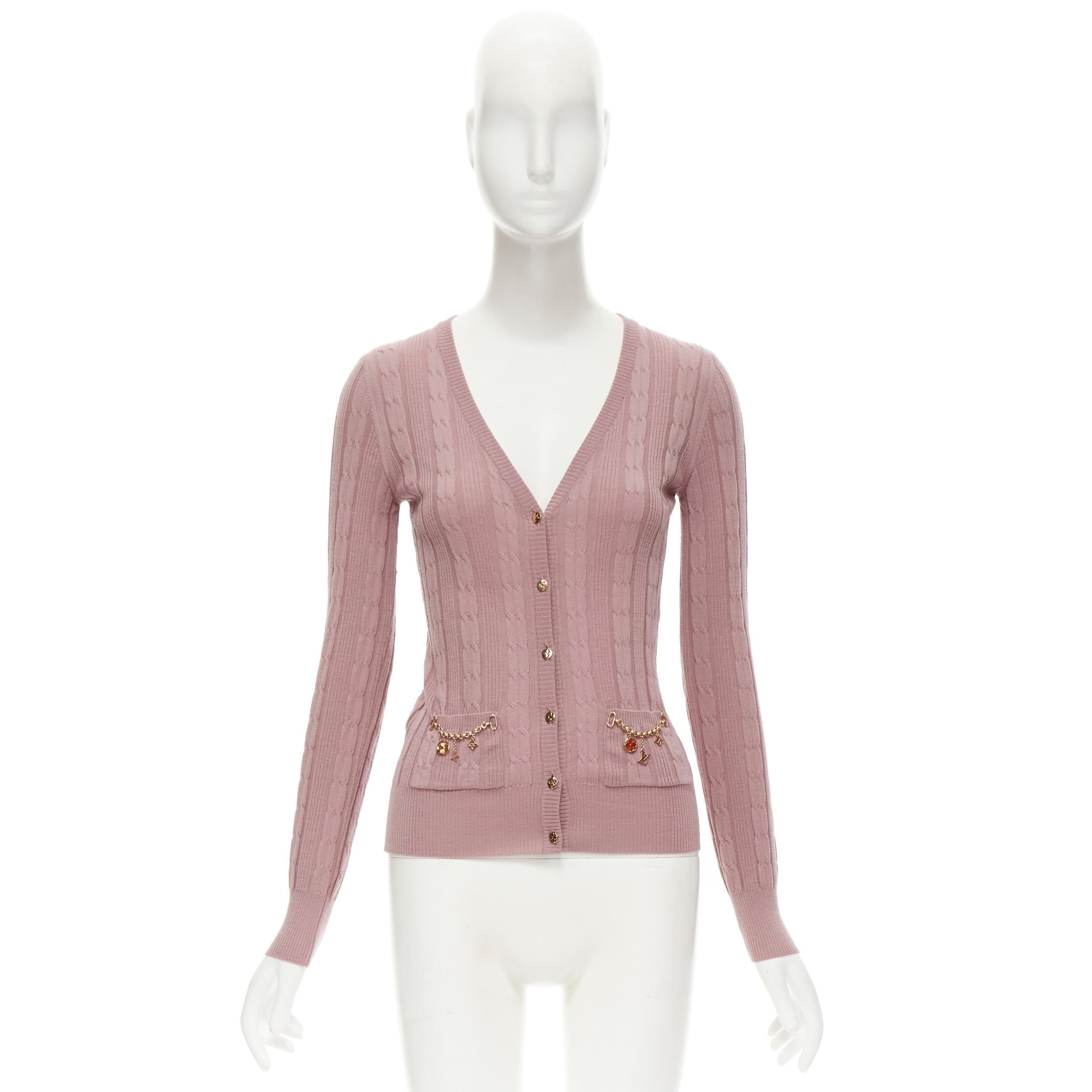 LOUIS VUITTON 100% wool pink cable knit gold floral charm chain trim cardigan XS 4