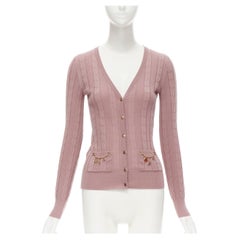 LOUIS VUITTON 100% wool pink cable knit gold floral charm chain trim cardigan XS