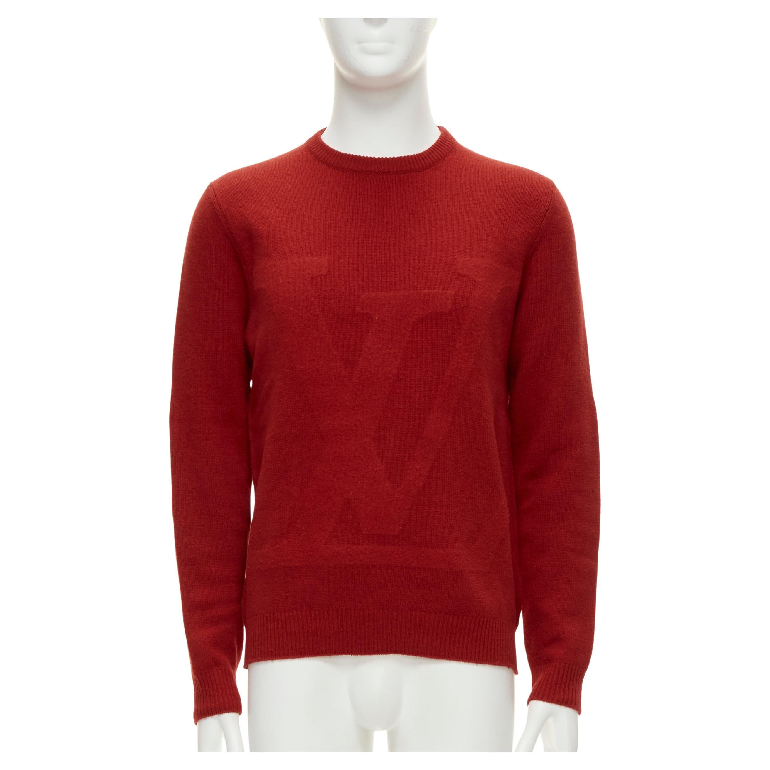 LOUIS VUITTON 100% wool red LV oversized logo long sleeve crew sweater M For Sale