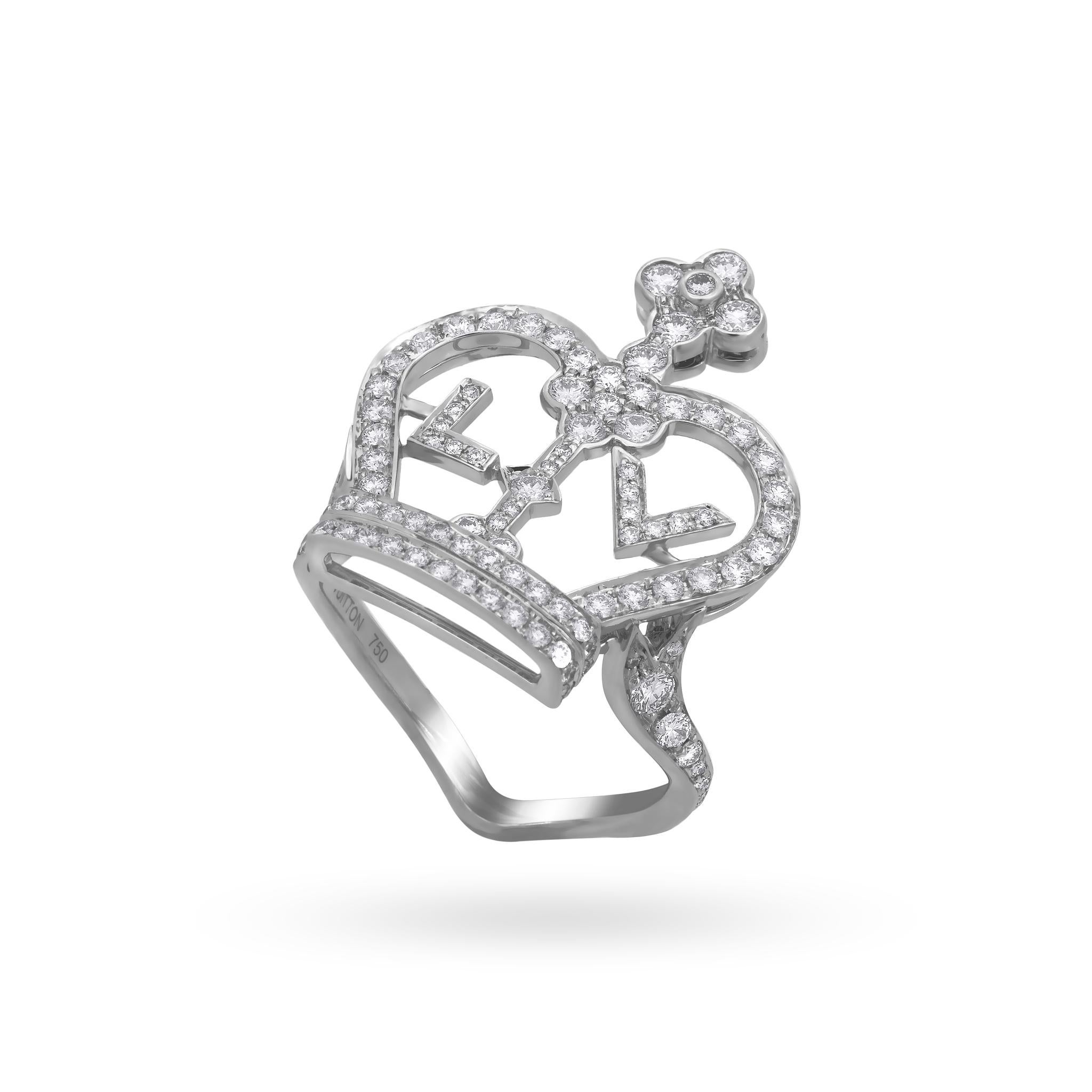 Round Cut Louis Vuitton 18 Karat White Gold Diamond LV Crown Ring