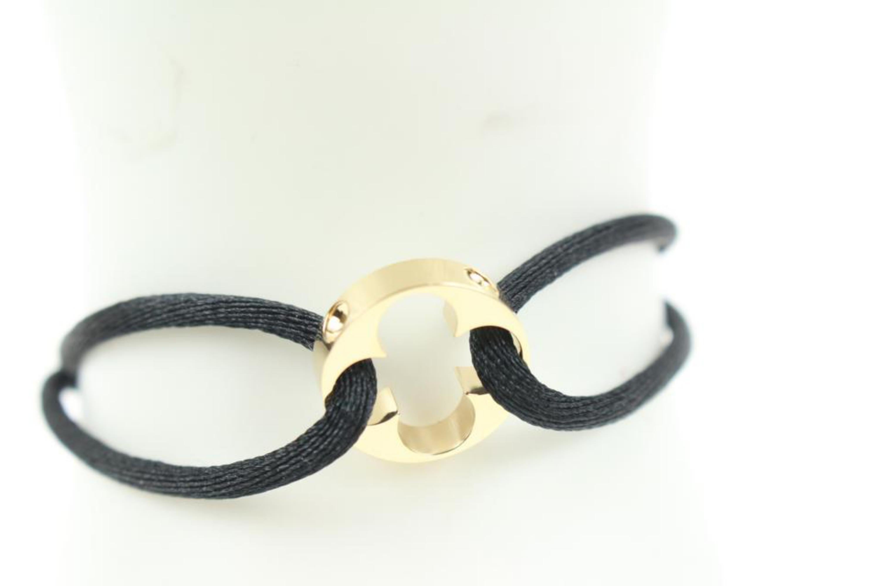 Women's Louis Vuitton 18k Gold Empreinte Fleur Logo Bracelet Black Cord String 124lv1