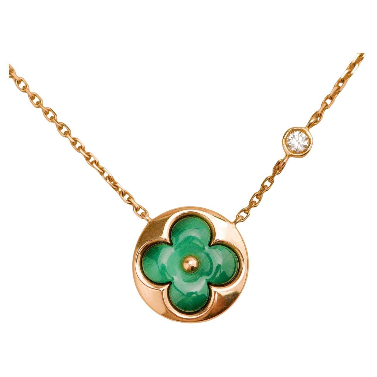 Louis Vuitton 18K Malaquita Diamante Flor Collar Colgante Oro Rosa 18K en venta