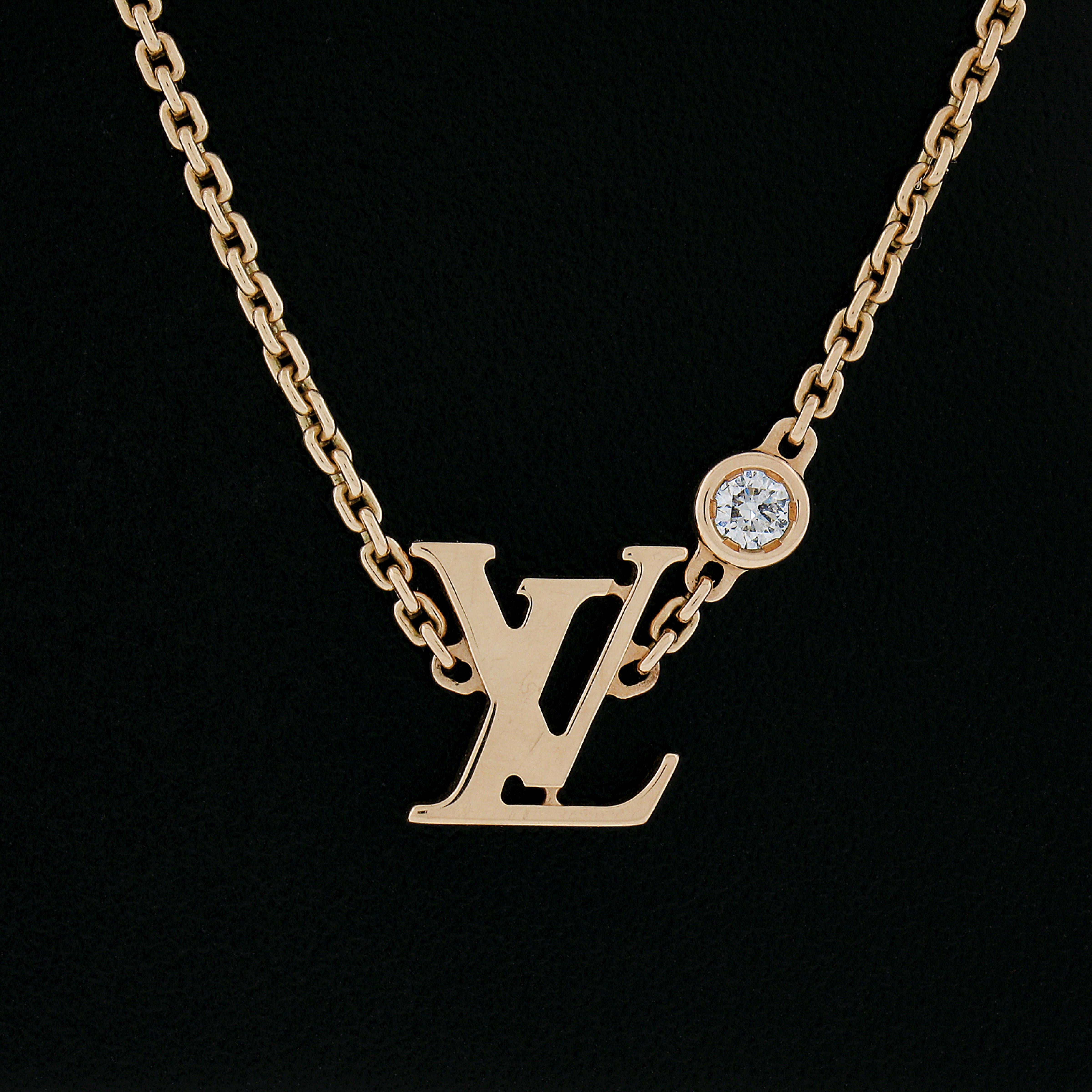 Round Cut Louis Vuitton 18k Rose Gold Diamond Lv Pendant Adjustable Link Chain Necklace