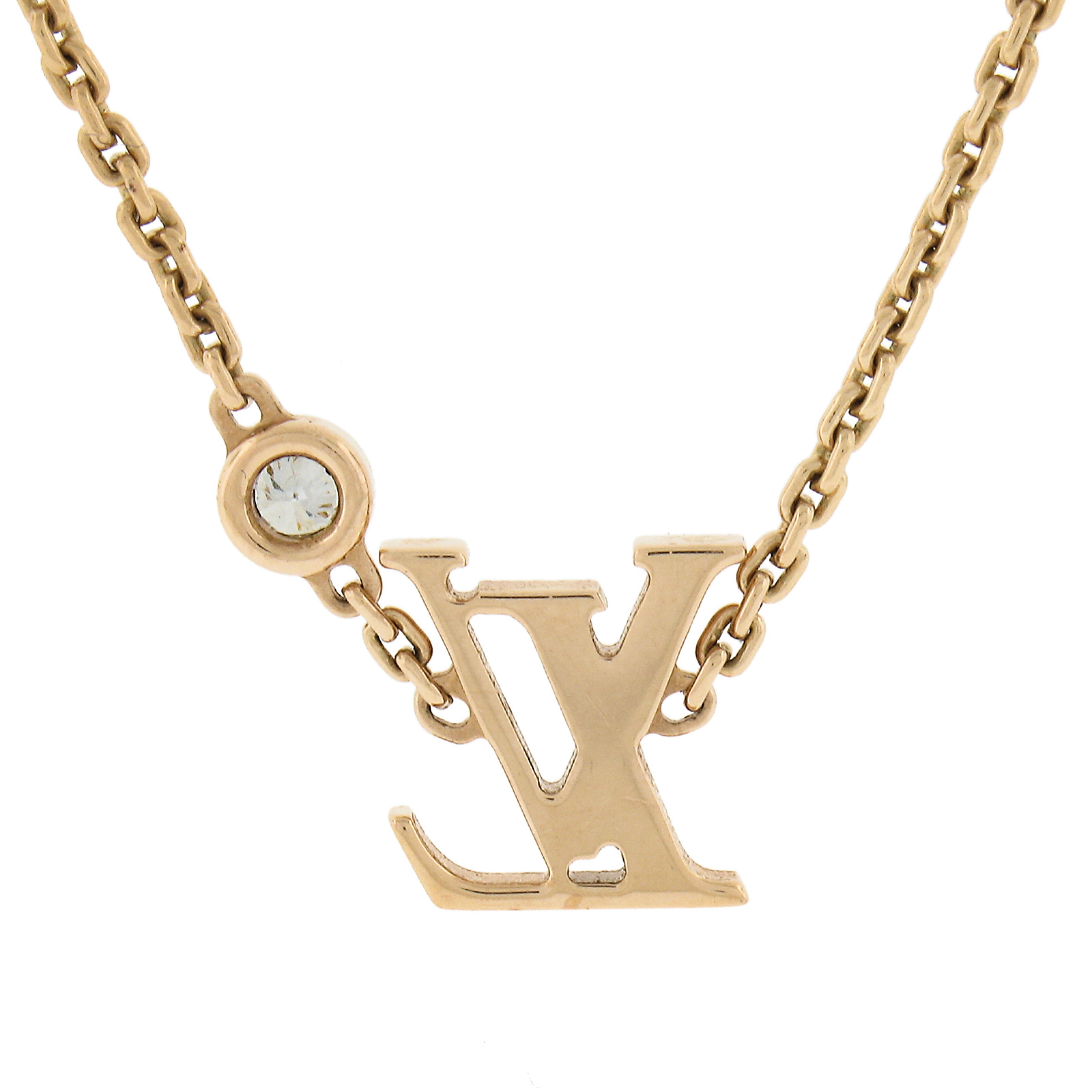 Women's Louis Vuitton 18k Rose Gold Diamond Lv Pendant Adjustable Link Chain Necklace