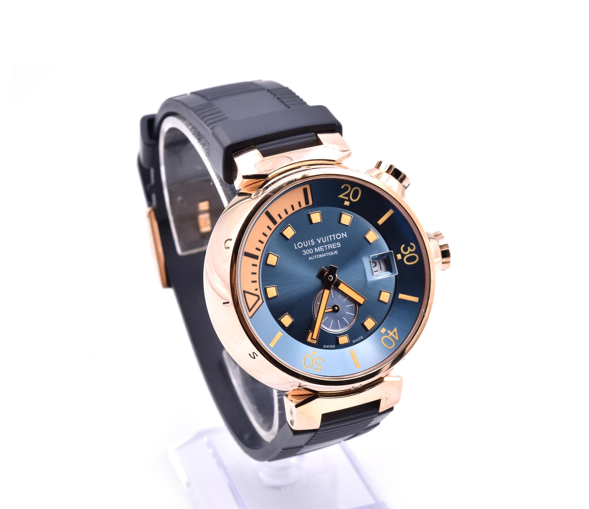 Movement: automatic
Function: hours, minutes, date, small seconds
Case: 44mm 18k rose gold case, screw down crown, 300m water resistance, rotating bezel 
Dial: blue steel dial with gold tone hour markers
Band: blue rubber strap with tang
