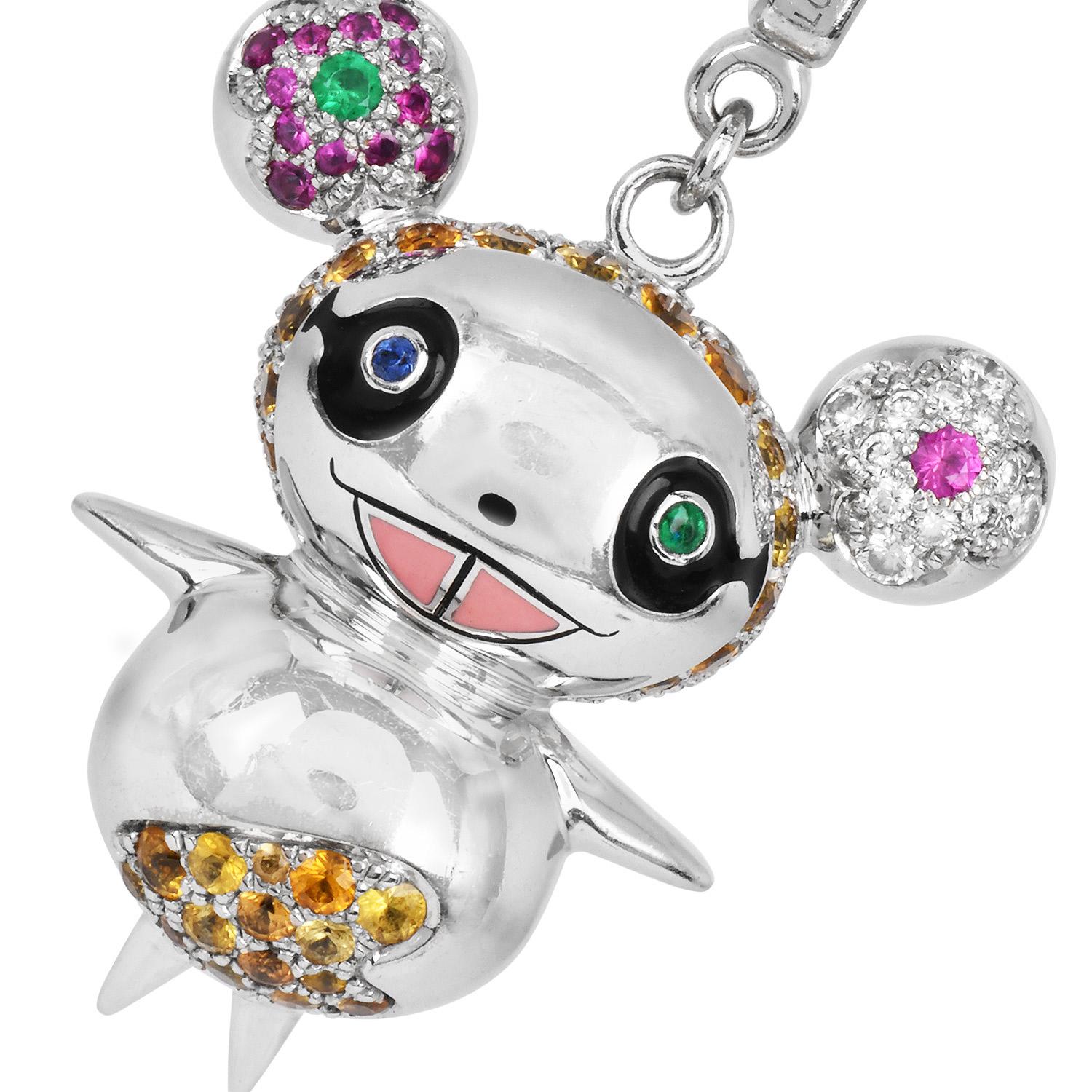 This Louis Vuitton x Takashi Murakami Panda Pendant and Chain Necklace is a playful, collectible masterpiece crafted in 18K white gold. Featuring a whimsical panda character encrusted with 118 multicolored sapphires Approx. (3.68ct), and 14 emeralds