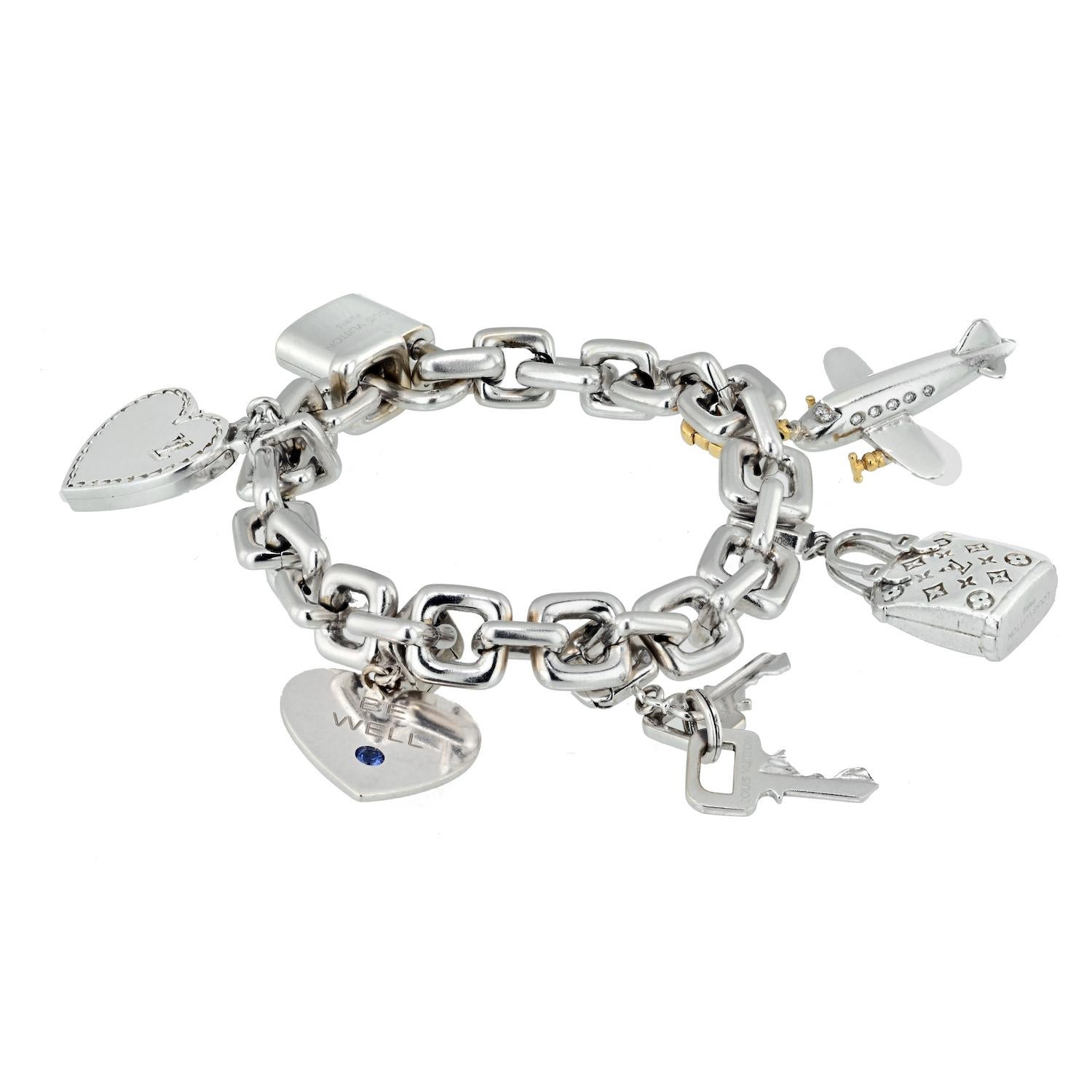 Indulge in the luxury of Louis Vuitton with this exquisite 18K white gold six-charm link bracelet. This meticulously crafted bracelet features a collection of charming symbols that reflect the iconic style of Louis Vuitton.

The bracelet showcases