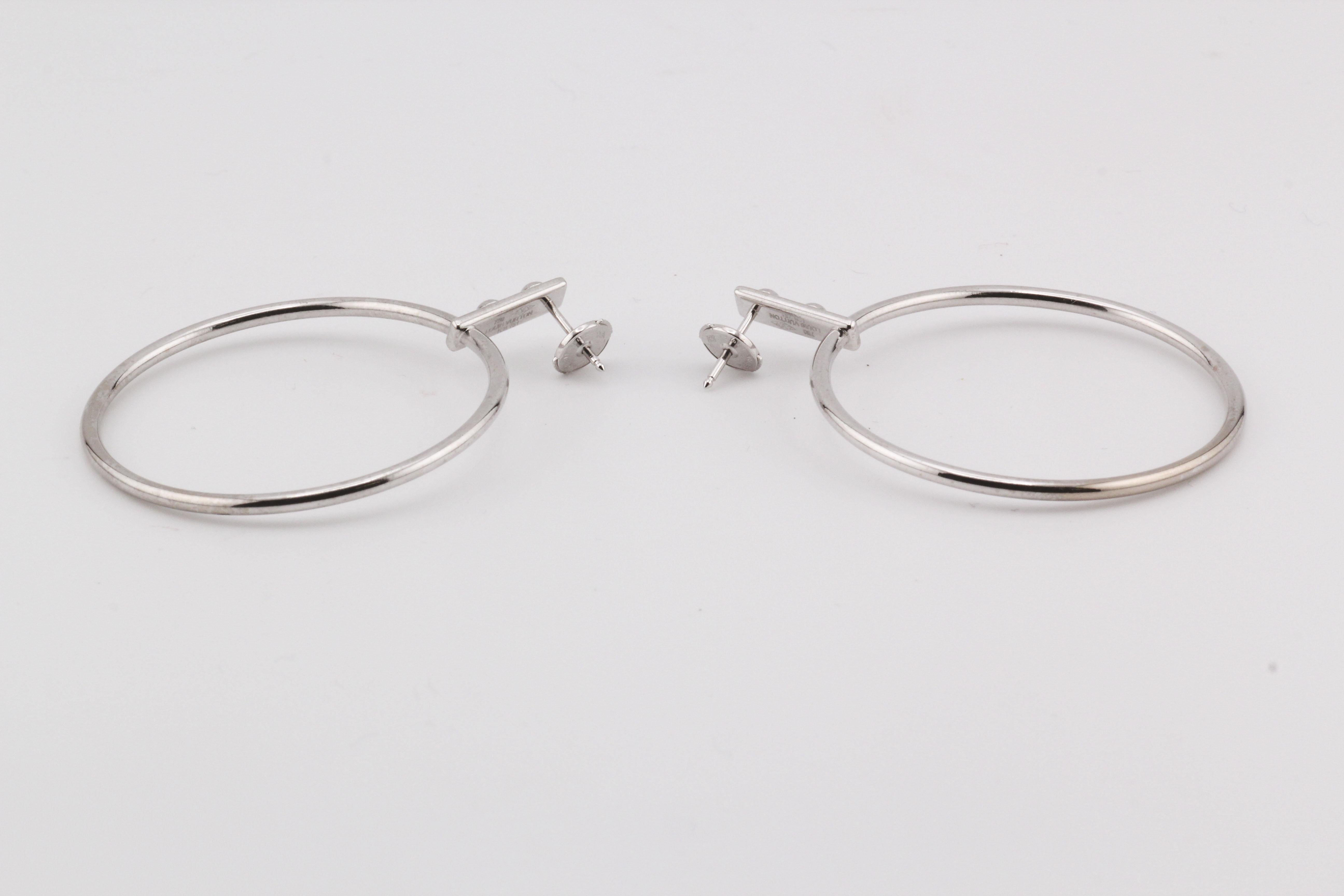 Women's Louis Vuitton 18K White Gold Drop Hoop Earrings For Sale