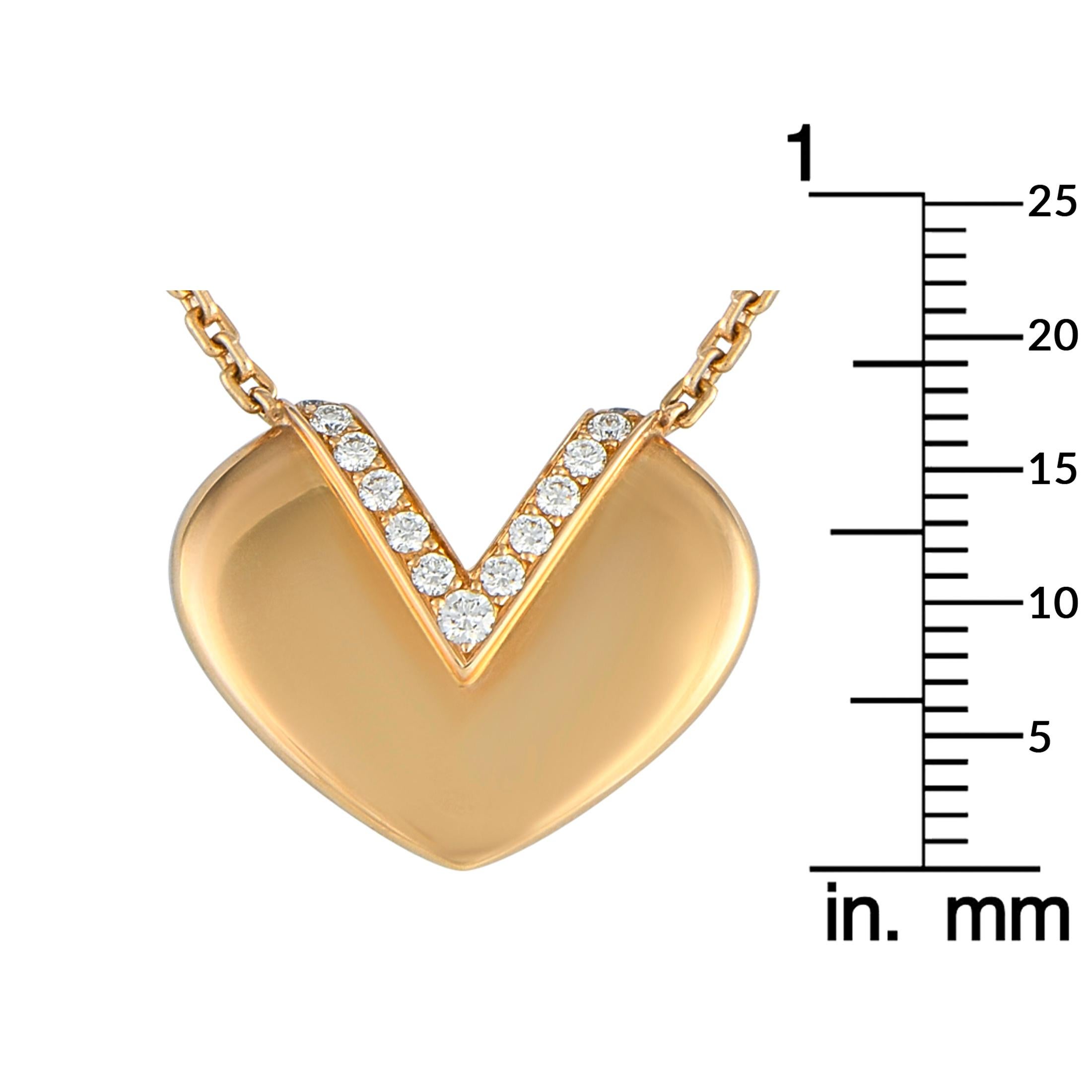 Louis Vuitton 18K Yellow Gold 0.14ct Diamond V Heart Necklace In Excellent Condition For Sale In Southampton, PA