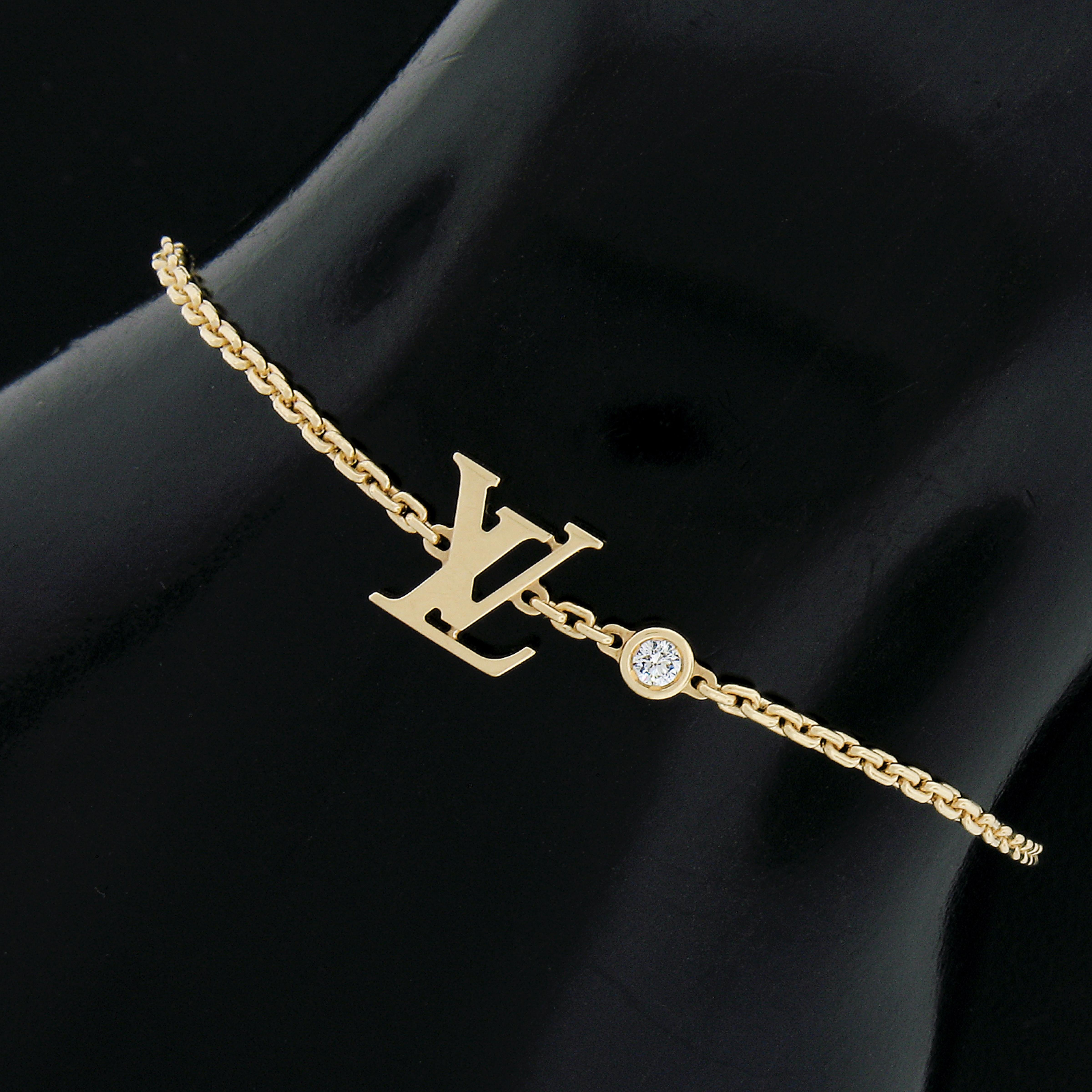 Round Cut Louis Vuitton 18k Yellow Gold Bezel Diamond Monogram Cable Link Bracelet