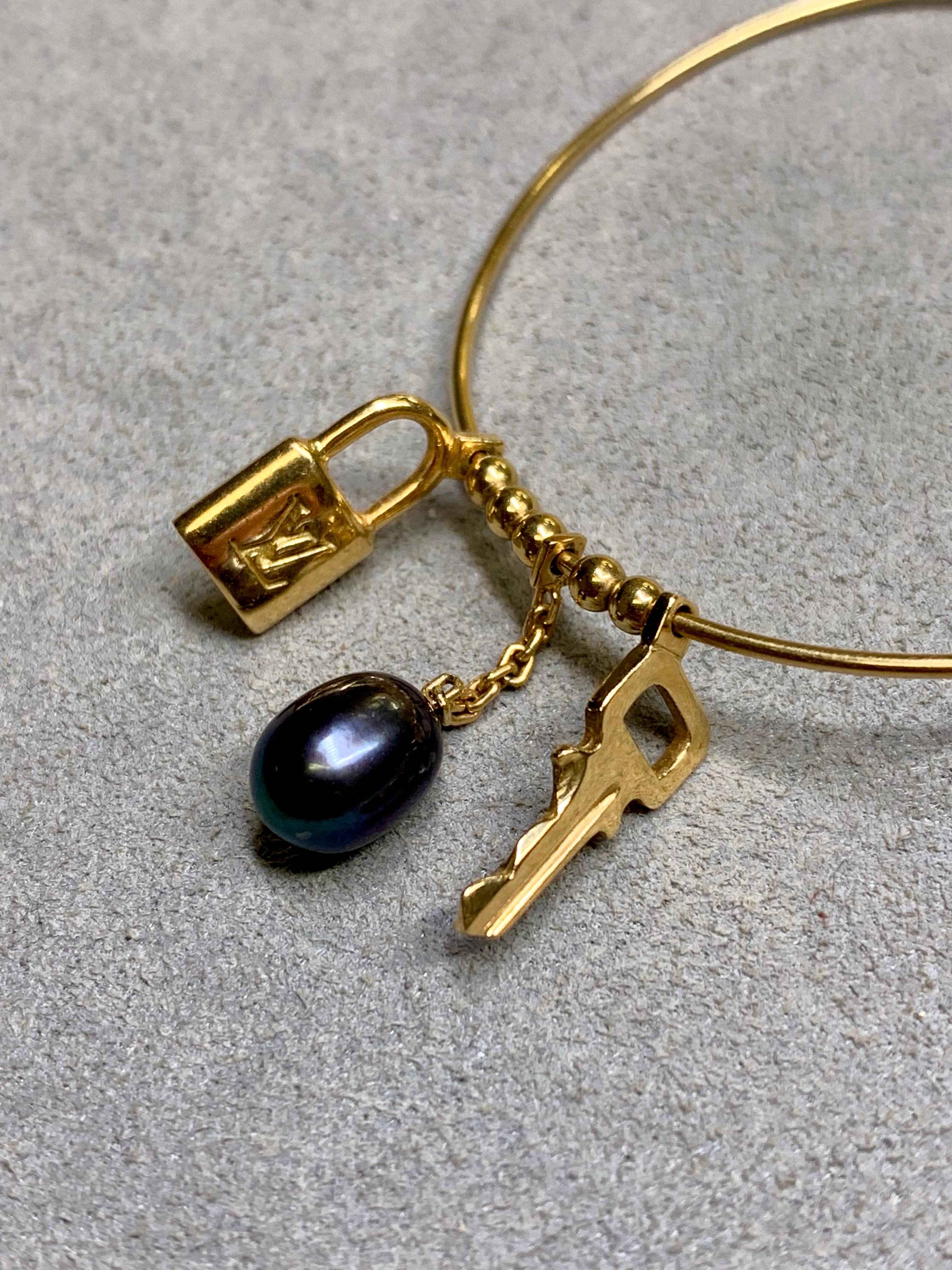 Uncut Louis Vuitton 18K Yellow Gold Monogram Lock Key Pearl Large Hoop Earrings. For Sale