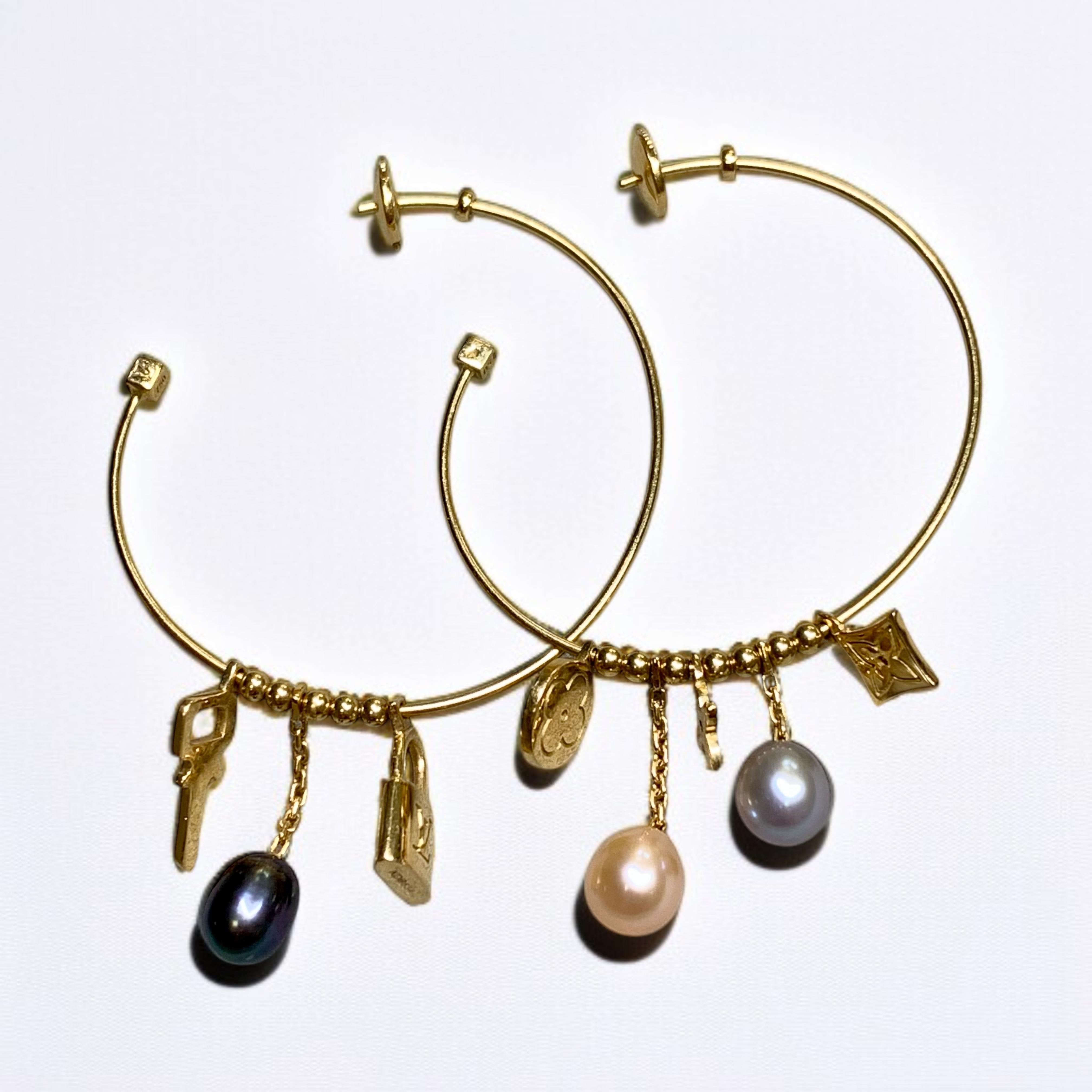 Women's or Men's Louis Vuitton 18K Yellow Gold Monogram Lock Key Pearl Large Hoop Earrings. For Sale