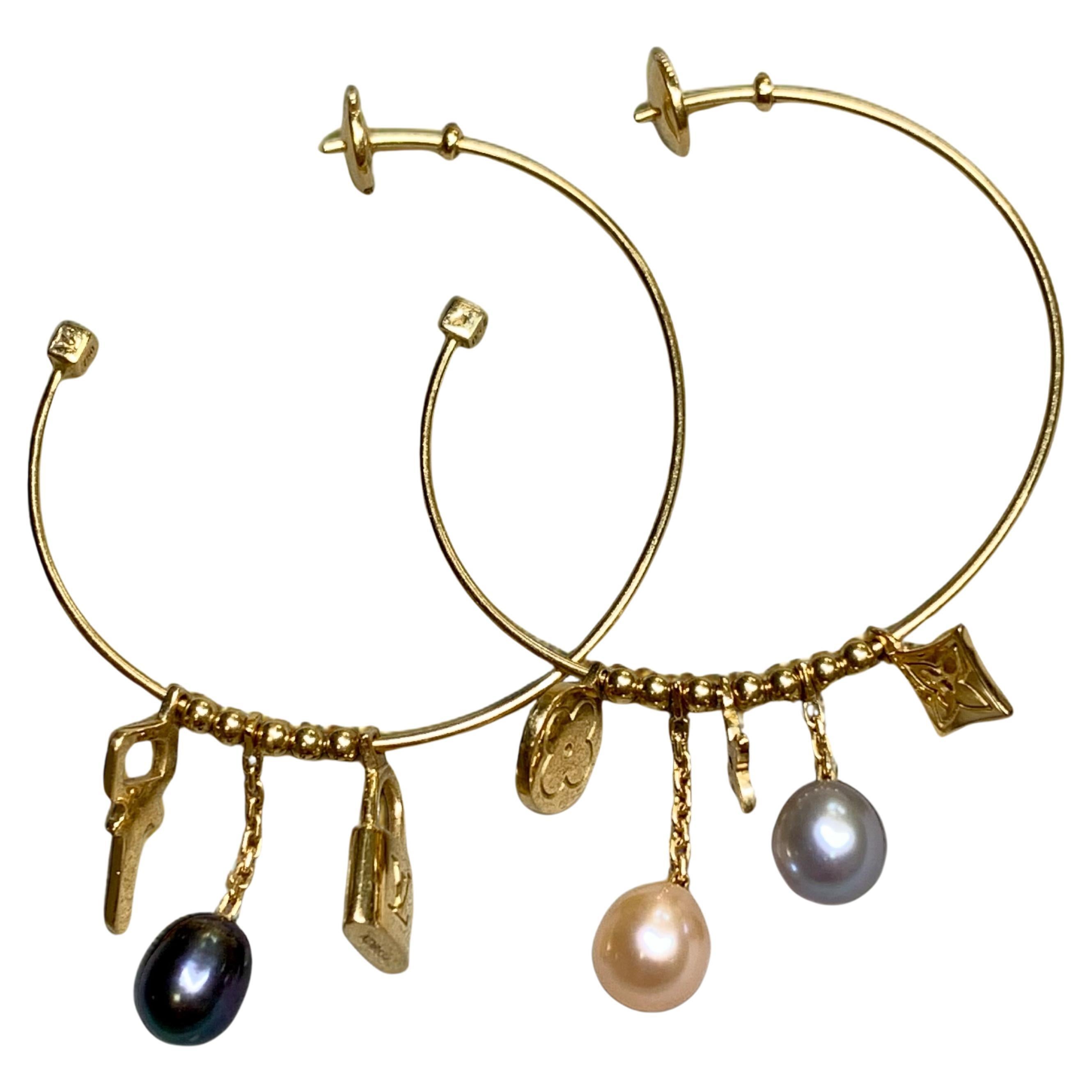 Louis Vuitton 18K Yellow Gold Monogram Lock Key Pearl Large Hoop Earrings.