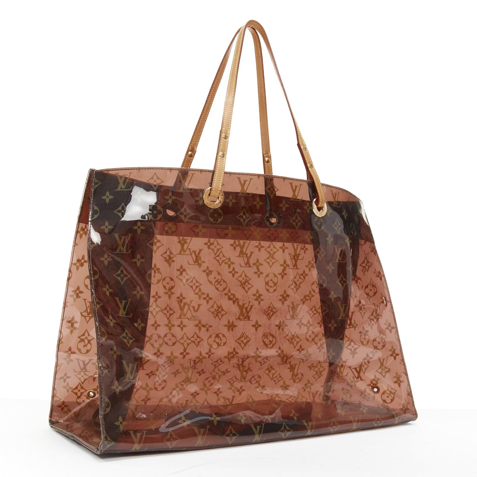 LOUIS VUITTON 2000 Cabas Cruise brown LV monogram PVC vinyl tote bag pouch In Fair Condition For Sale In Hong Kong, NT