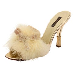 Louis Vuitton 2000's Satin Marabou Feather & Velvet Ribbon LV Logo Mules Heels