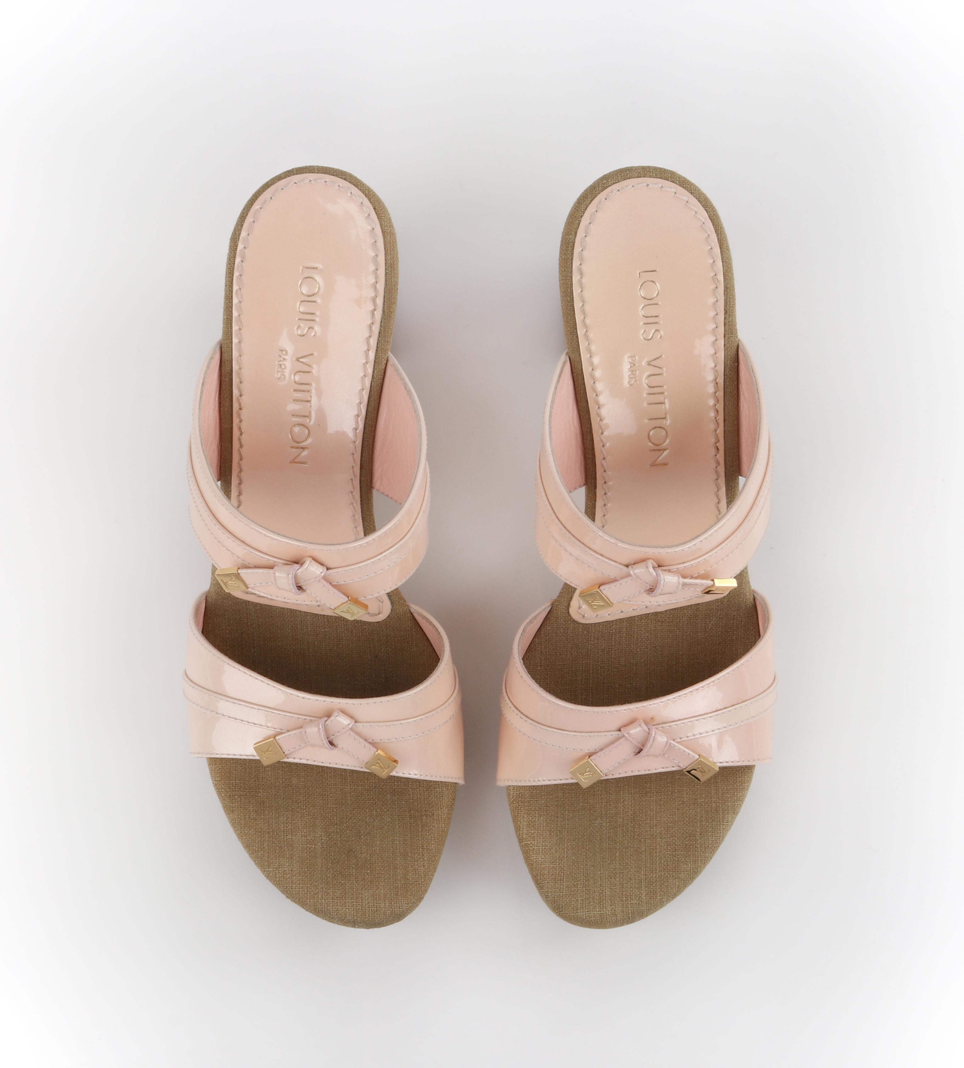 LOUIS VUITTON 2004 Opalescent Baby Pink Patent Leather Block Heel Slide Sandals 1