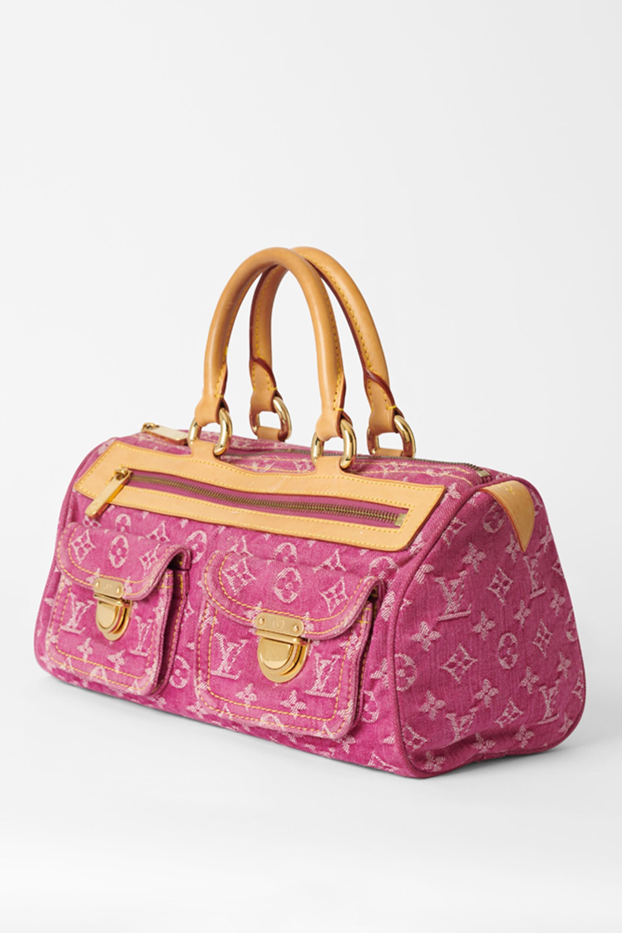 We are excited to present this Louis Vuitton 2006 pink denim speedy bag with matching scarf. Features allover monogram, double front pockets with LV hardware, zip front pocket and main compartment with zip closure. Top handle bag with gold hardware