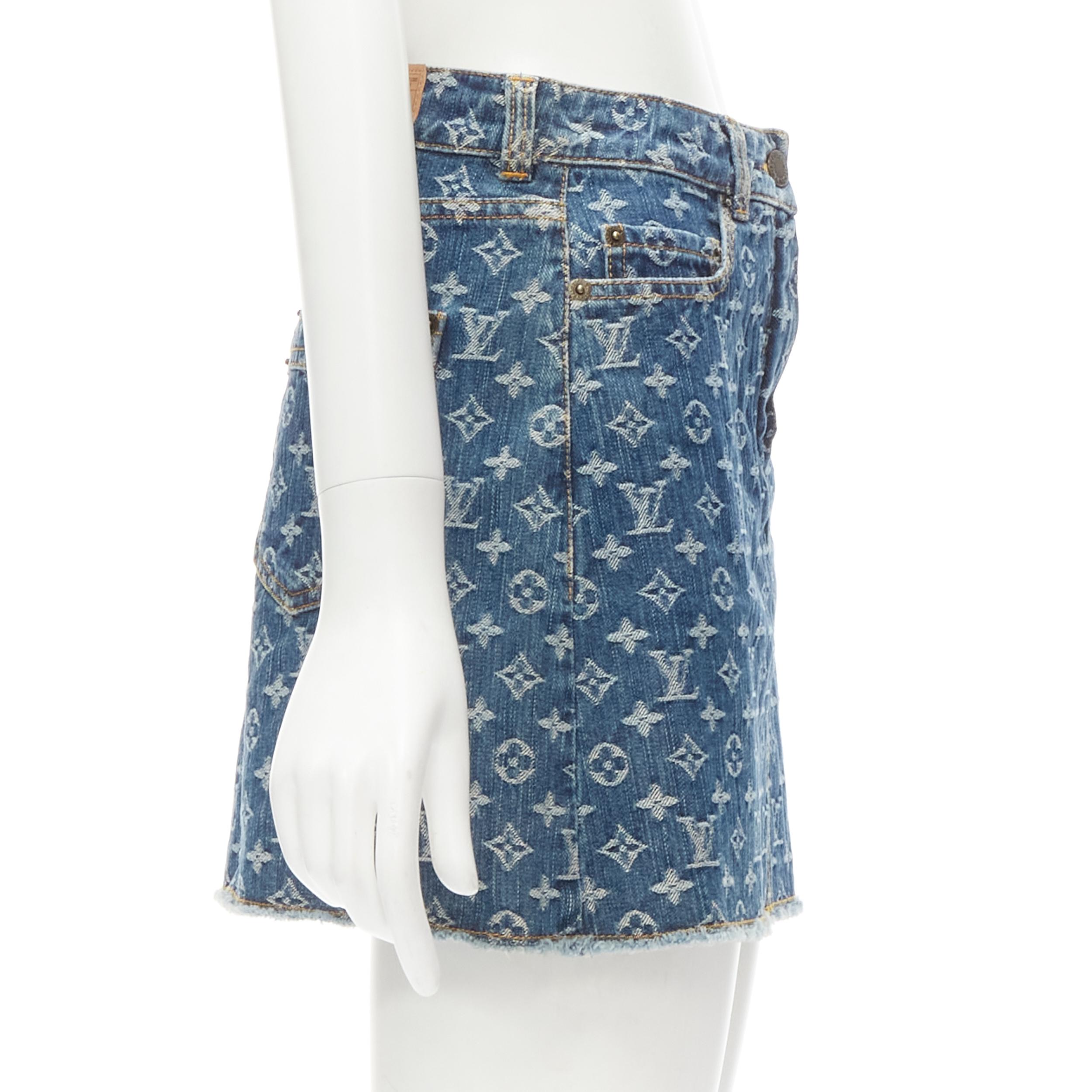 LOUIS VUITTON 2006 Vintage LV monogram blue denim jacquard mini skirt XS rare In Excellent Condition In Hong Kong, NT