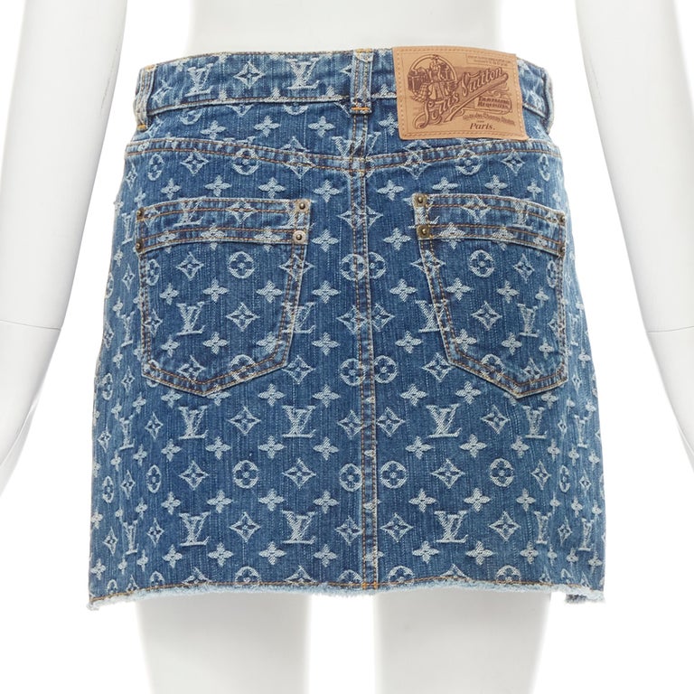 Louis Vuitton Leather Accent Denim Mini Skirt Blue. Size 36