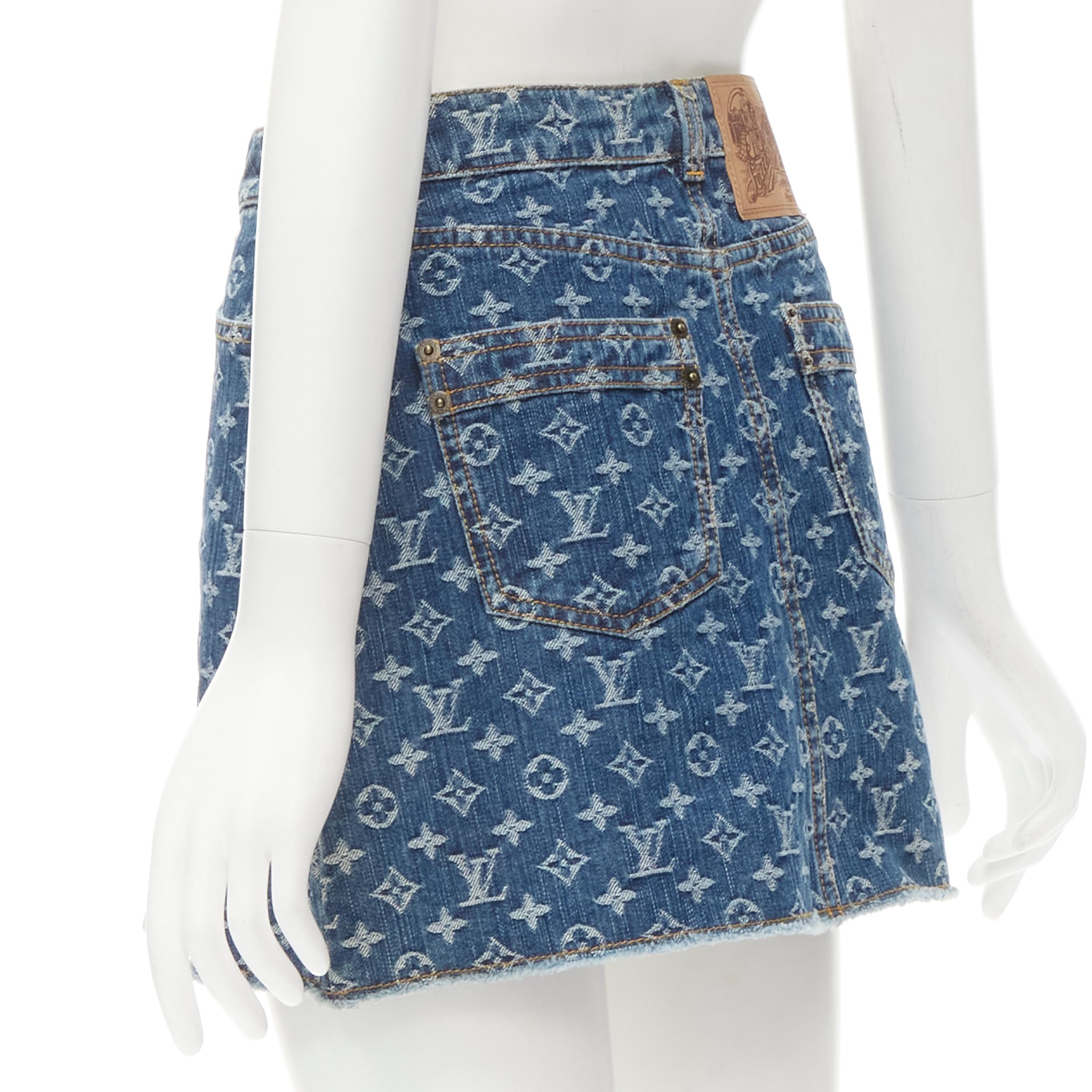 LOUIS VUITTON 2006 Vintage LV monogram blue denim jacquard mini skirt XS rare 1