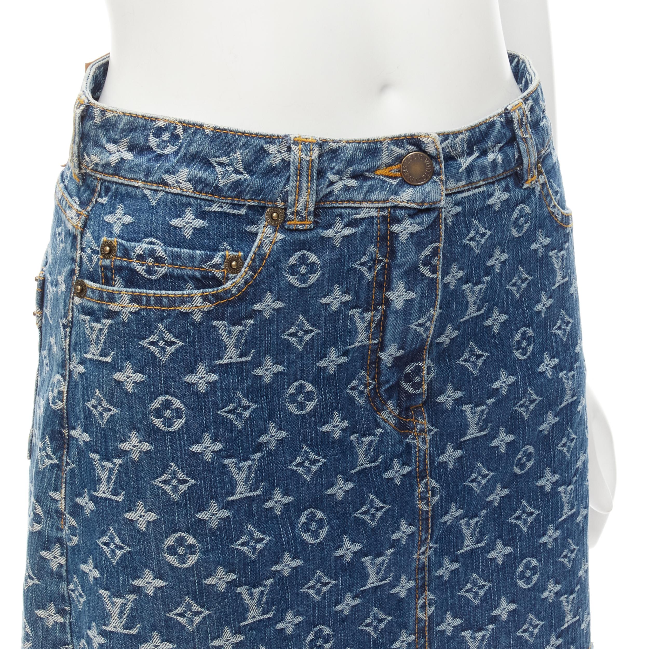 LOUIS VUITTON 2006 Vintage LV monogram blue denim jacquard mini skirt XS rare 2