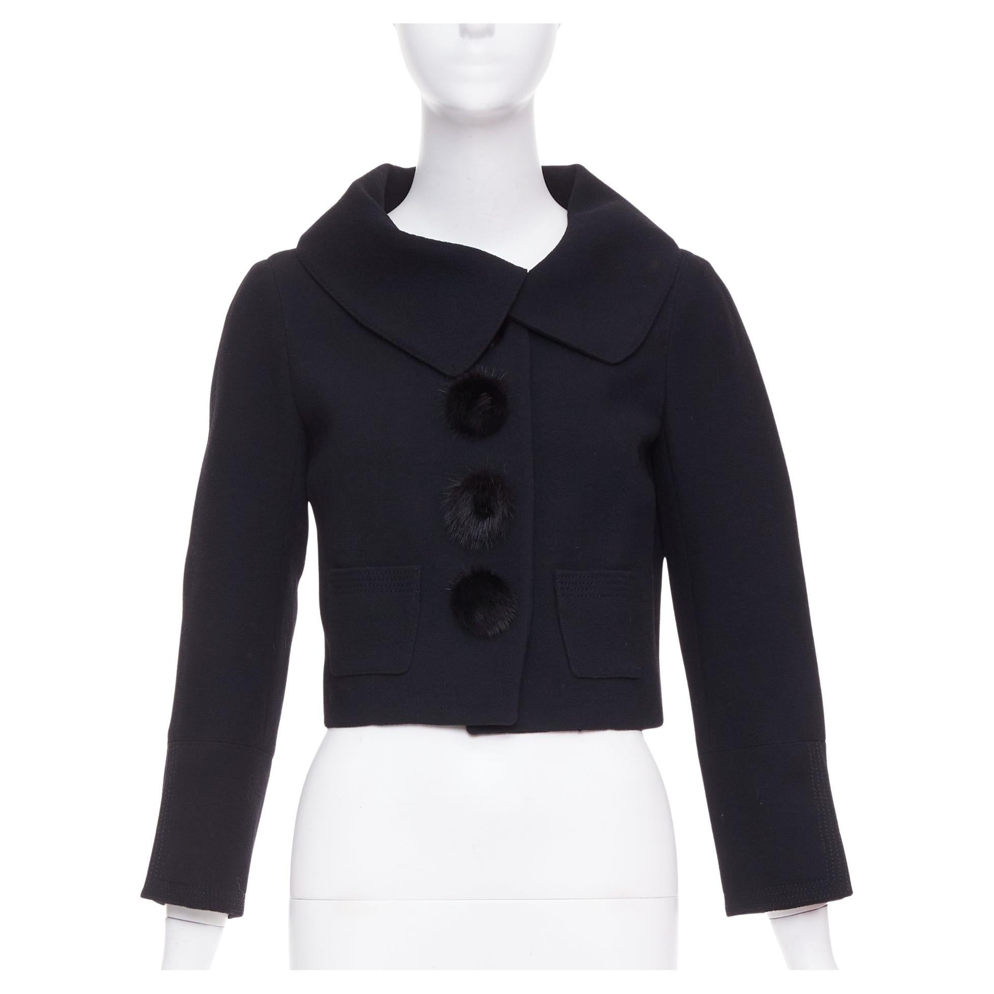 LOUIS VUITTON 2007 black wool crepe Mink fur button cropped jacket FR38 M