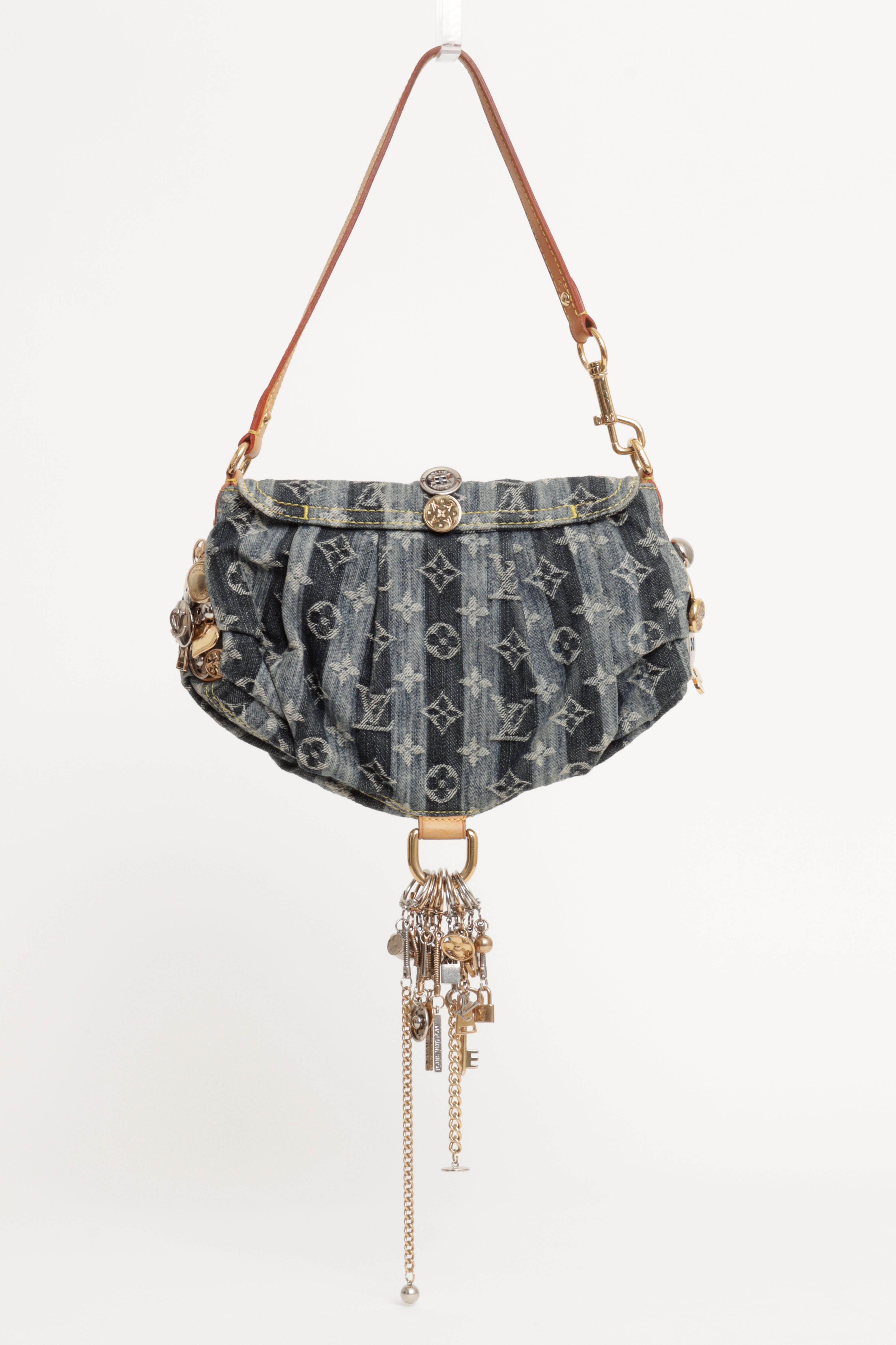 Gray Louis Vuitton 2008 Limited Edition Judy Blame Mini Pleaty Raye Bag in Blue Denim For Sale