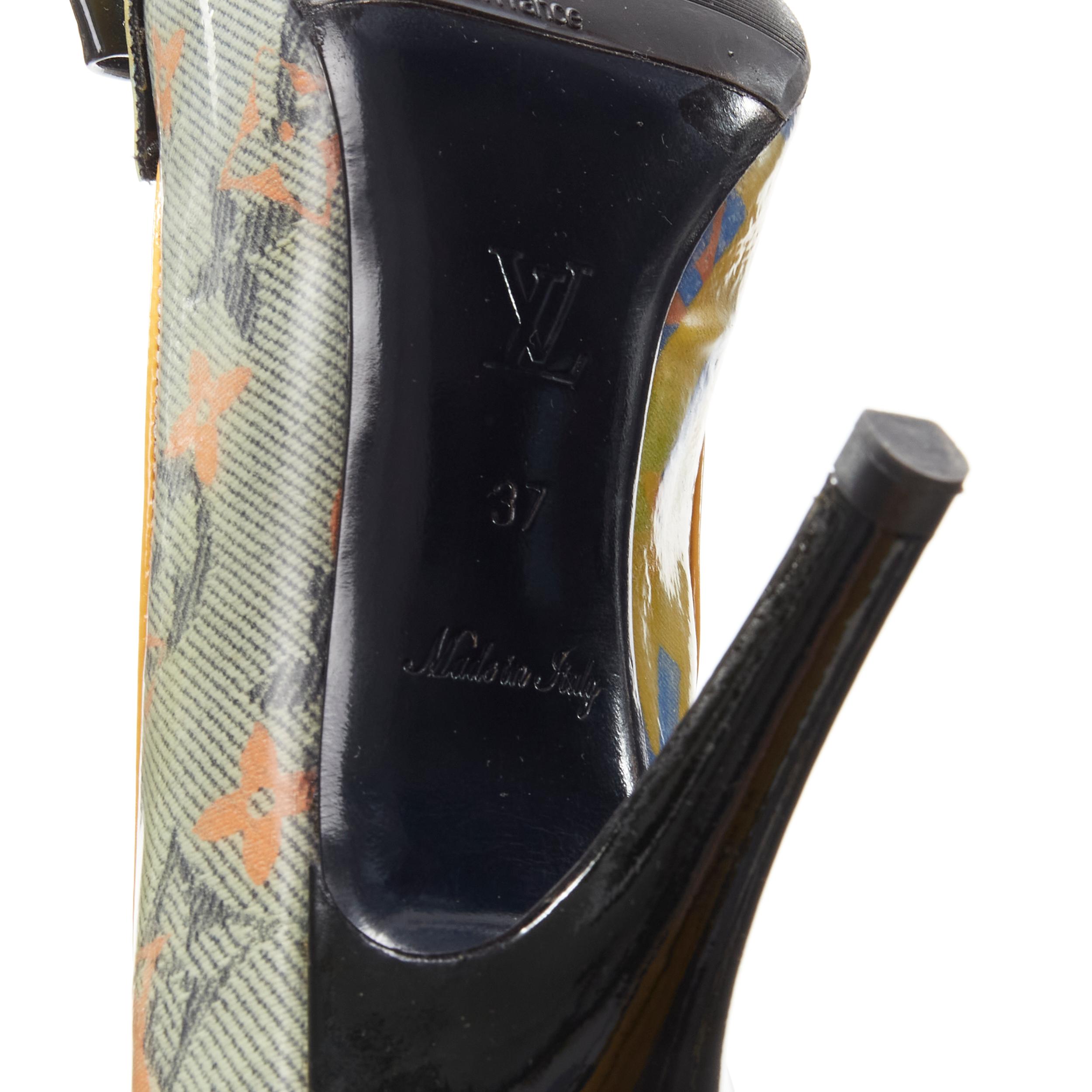 LOUIS VUITTON 2008 Richard Prince denim yellow monogram peep toe heel EU37 For Sale 2