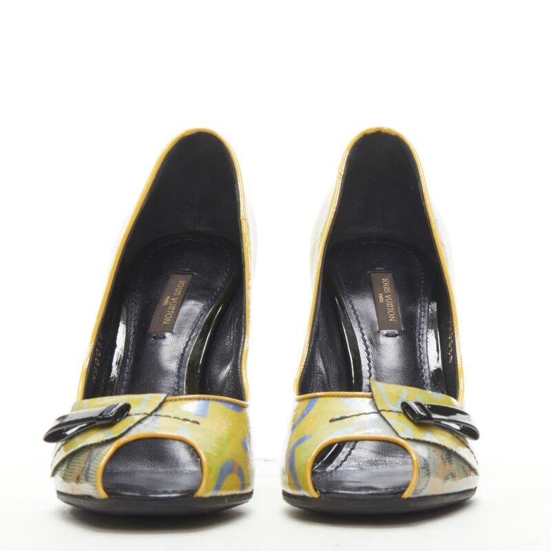 Yellow LOUIS VUITTON 2008 Richard Prince denim yellow monogram peep toe heel EU37