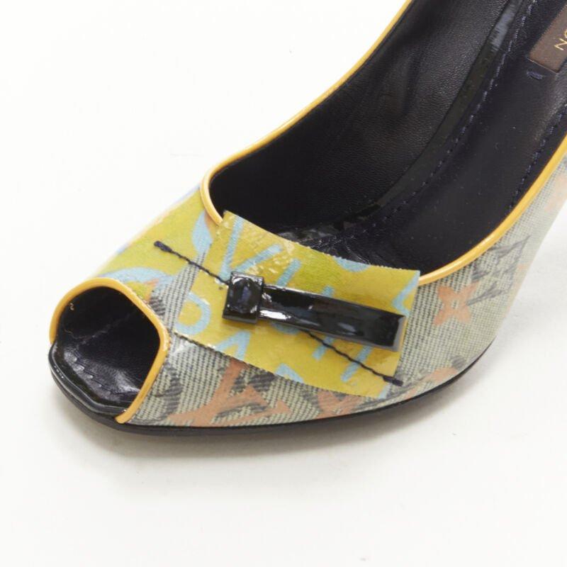 LOUIS VUITTON 2008 Richard Prince denim yellow monogram peep toe heel EU37 2