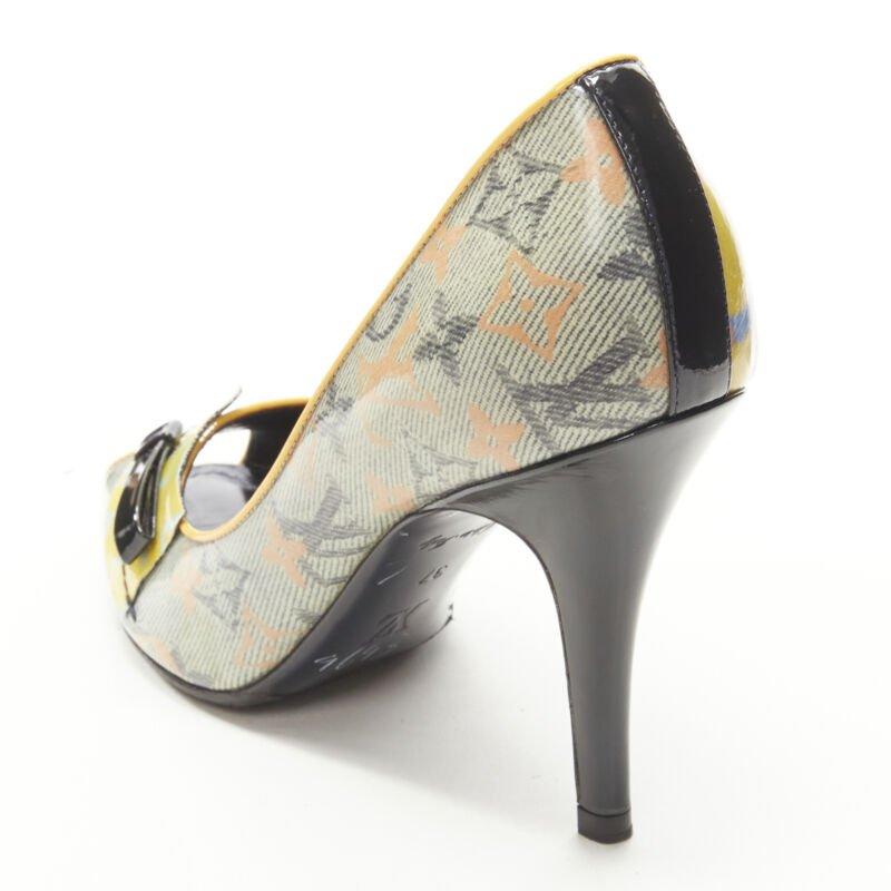 LOUIS VUITTON 2008 Richard Prince denim yellow monogram peep toe heel EU37 3