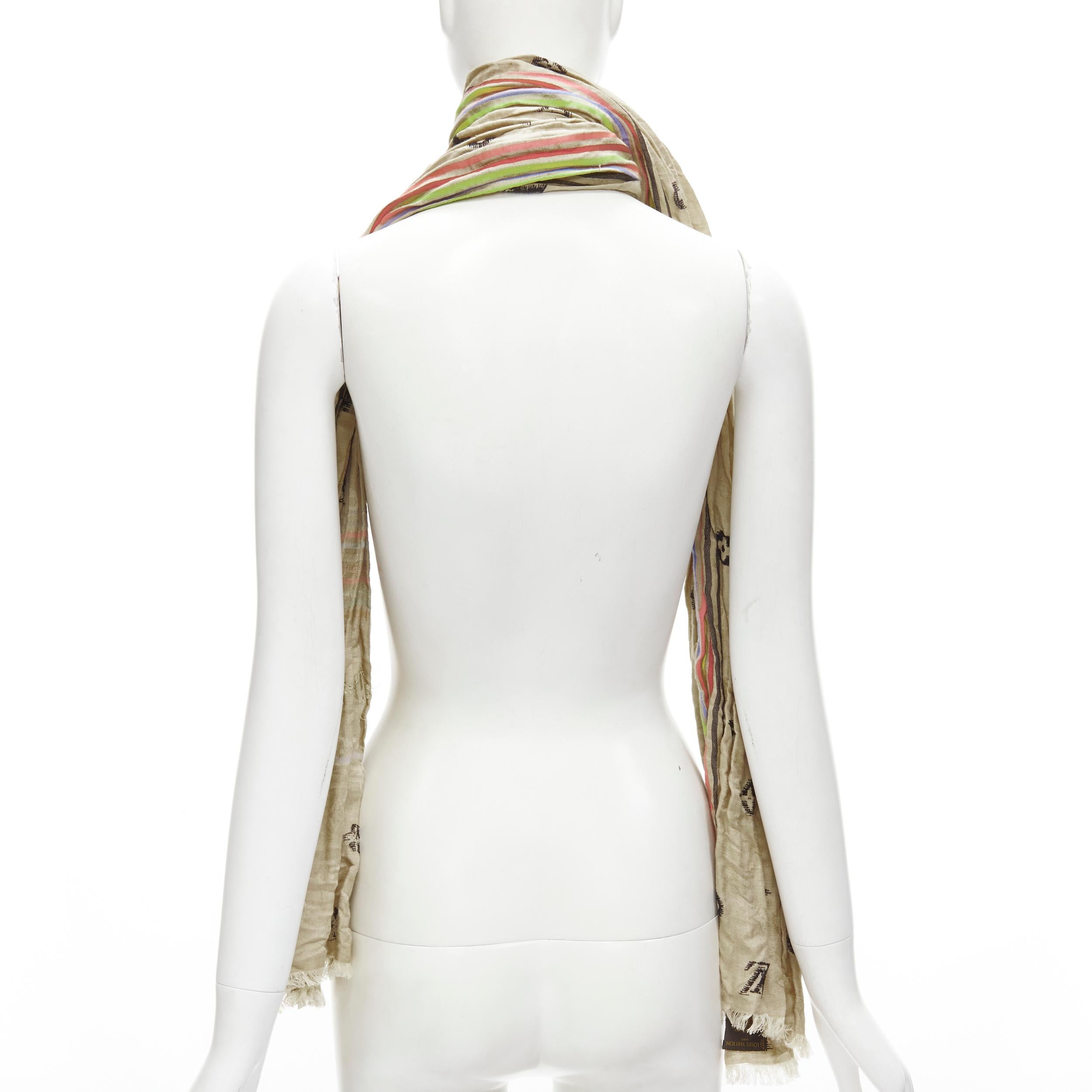 LOUIS VUITTON 2009 Cheche Bohemian silk linen rainbow striped monogram scarf 1