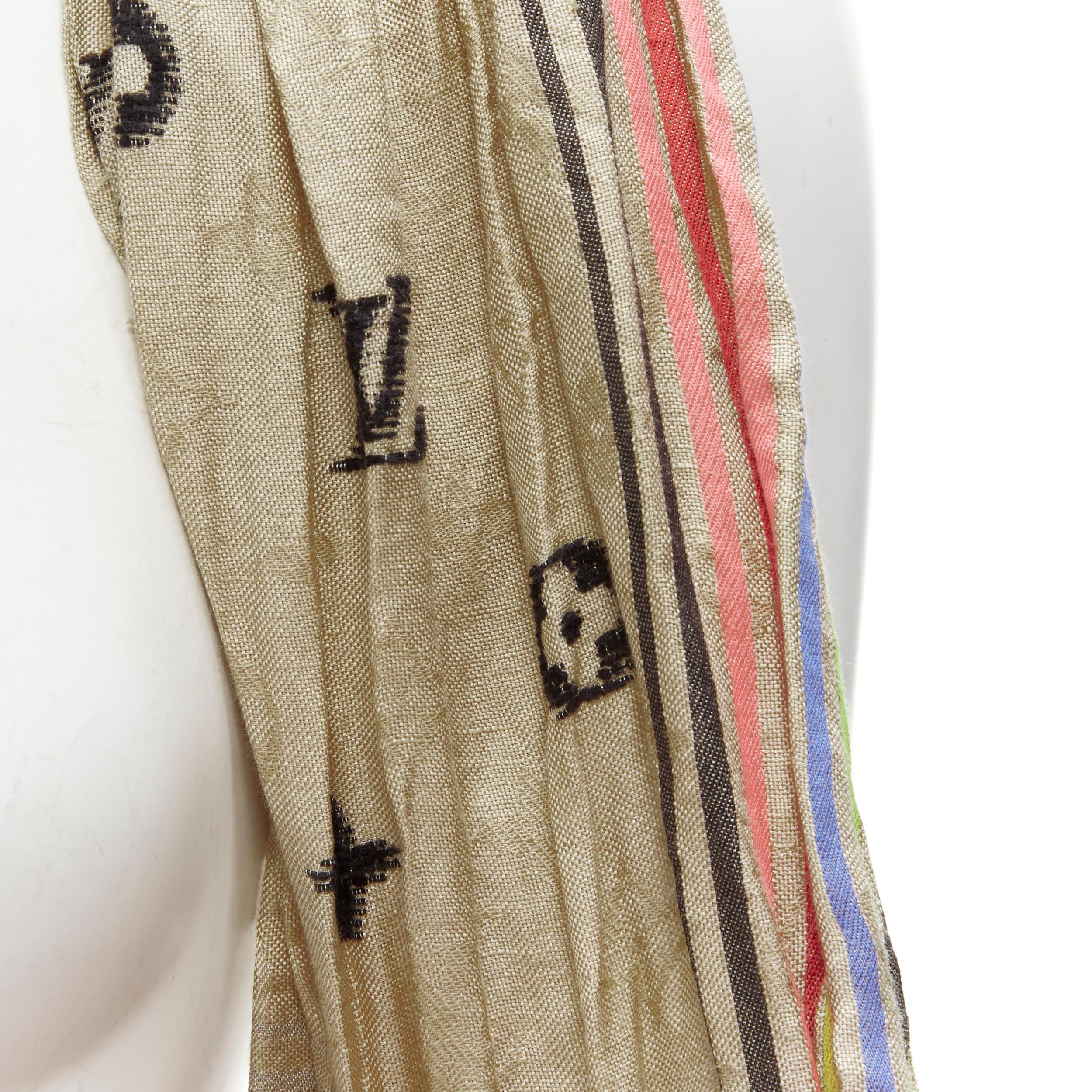 LOUIS VUITTON 2009 Cheche Bohemian silk linen rainbow striped monogram scarf 4