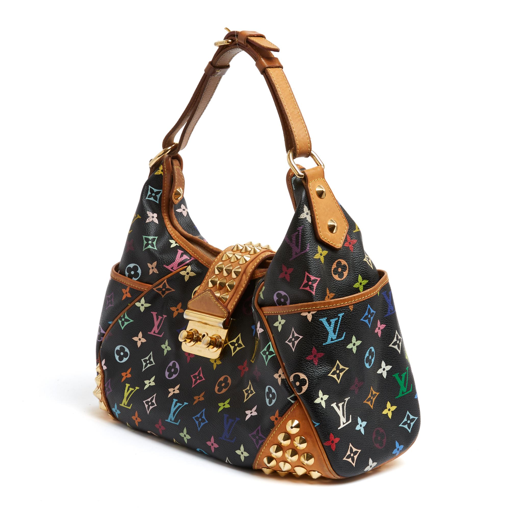 Louis Vuitton Studded Chrissie x Murakami bag in black and multicolor monogram coated canvas, natural leather and gold metal, taupe beige suede interior with a double patch pocket, 2 large exterior pockets on each side, removable and adjustable