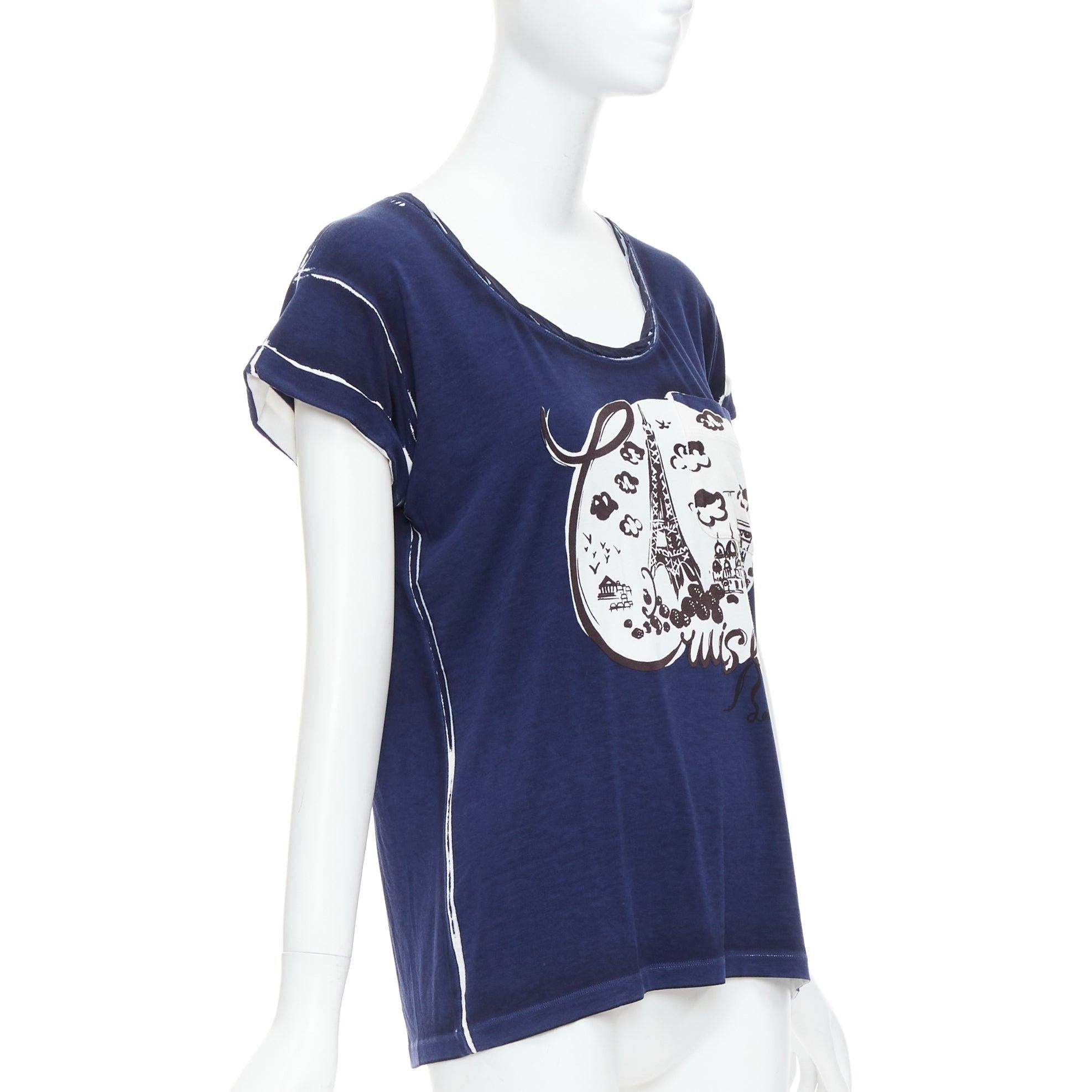 Purple LOUIS VUITTON 2012 Cruise Eiffle Tower Paris print navy viscose silk tshirt S