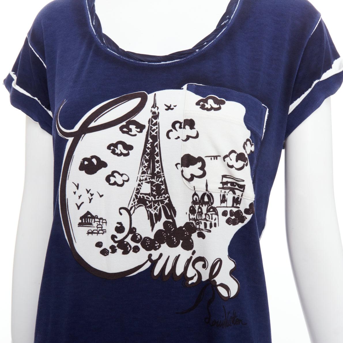 LOUIS VUITTON 2012 Cruise Eiffle Tower Paris print navy viscose silk tshirt S 2