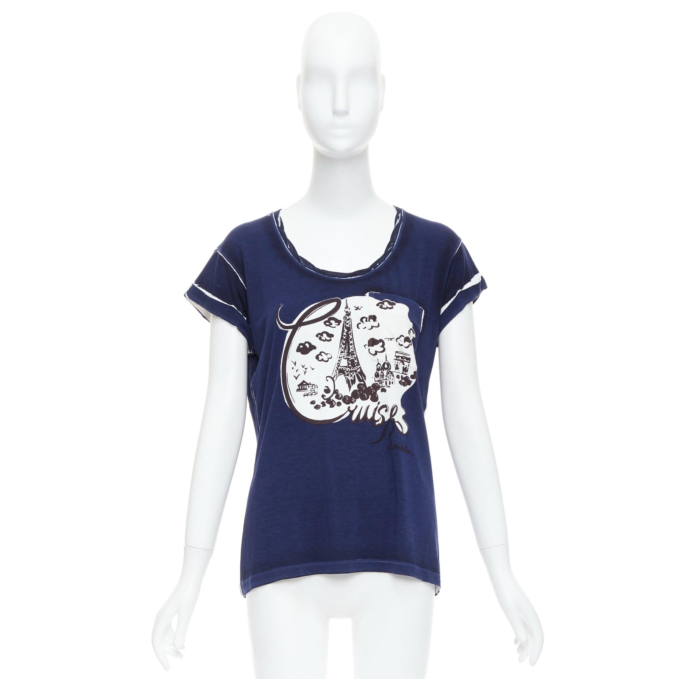 LOUIS VUITTON 2012 Cruise Eiffle Tower Paris print navy viscose silk tshirt S 4