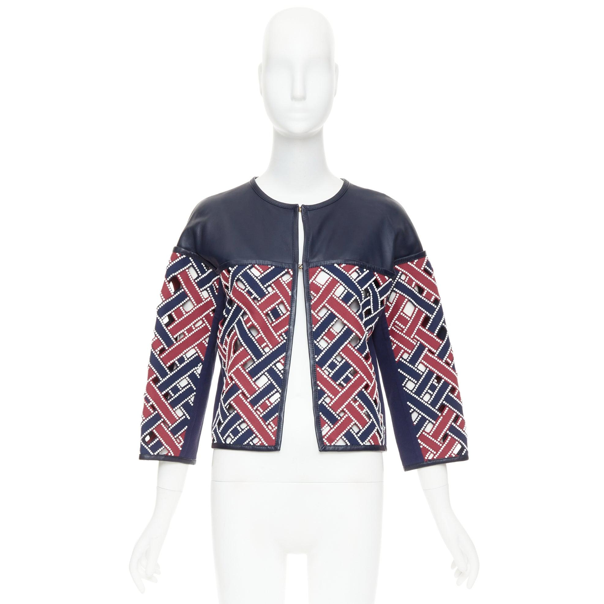 LOUIS VUITTON 2012 Giacca in pelle intrecciata con paillettes rosso navy FR36 S in vendita 4