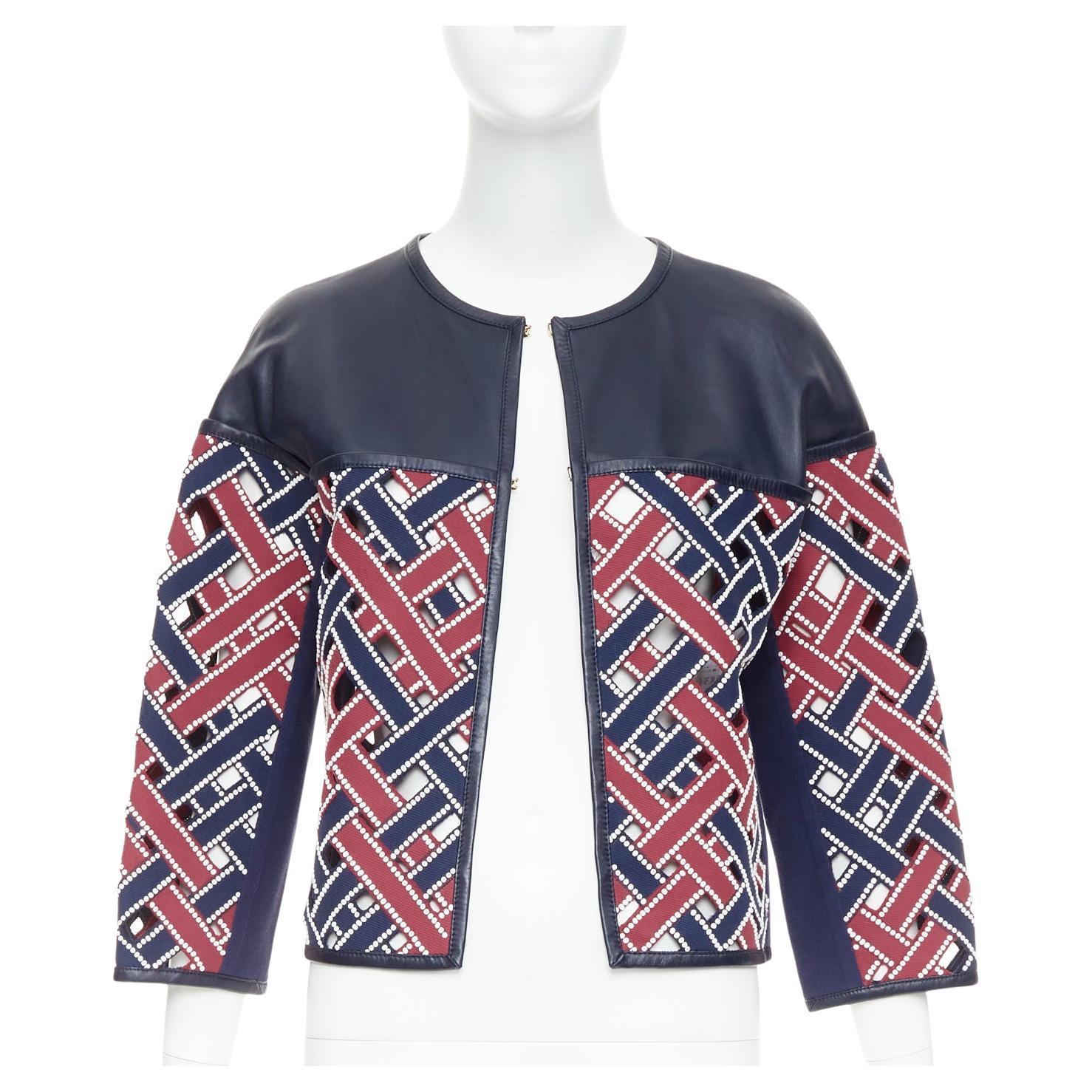 LOUIS VUITTON 2012 Runway navy red sequined cut out woven leather jacket FR36 S